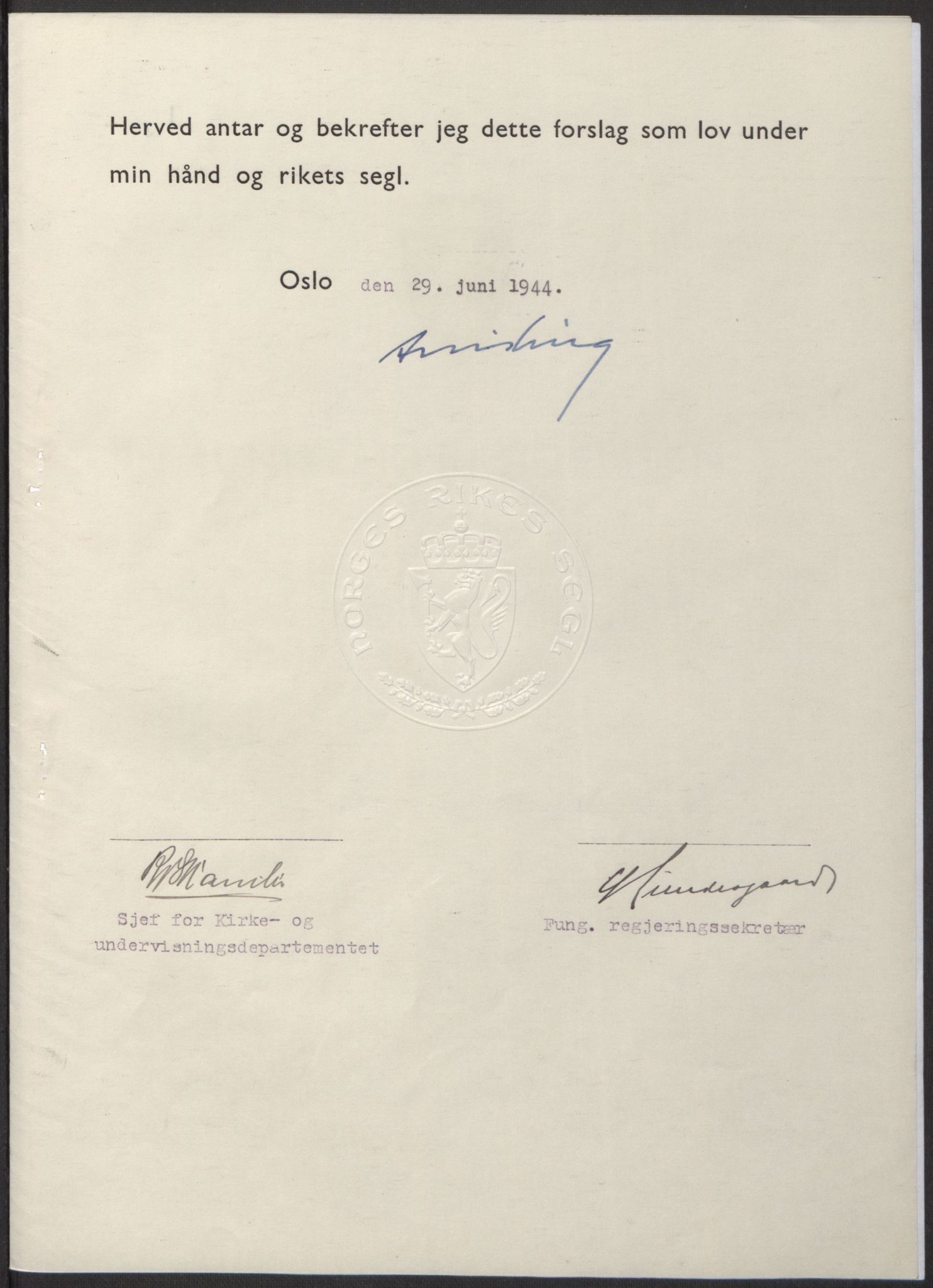 NS-administrasjonen 1940-1945 (Statsrådsekretariatet, de kommisariske statsråder mm), RA/S-4279/D/Db/L0100: Lover, 1944, s. 306