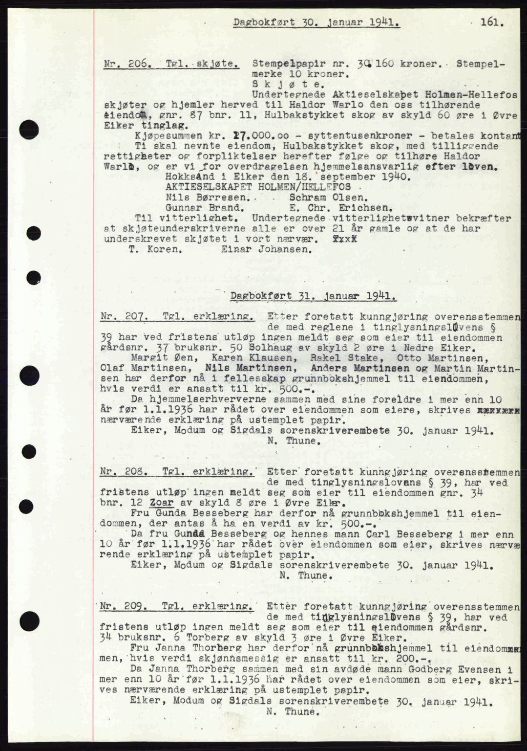 Eiker, Modum og Sigdal sorenskriveri, SAKO/A-123/G/Ga/Gab/L0043: Pantebok nr. A13, 1940-1941, Dagboknr: 206/1941