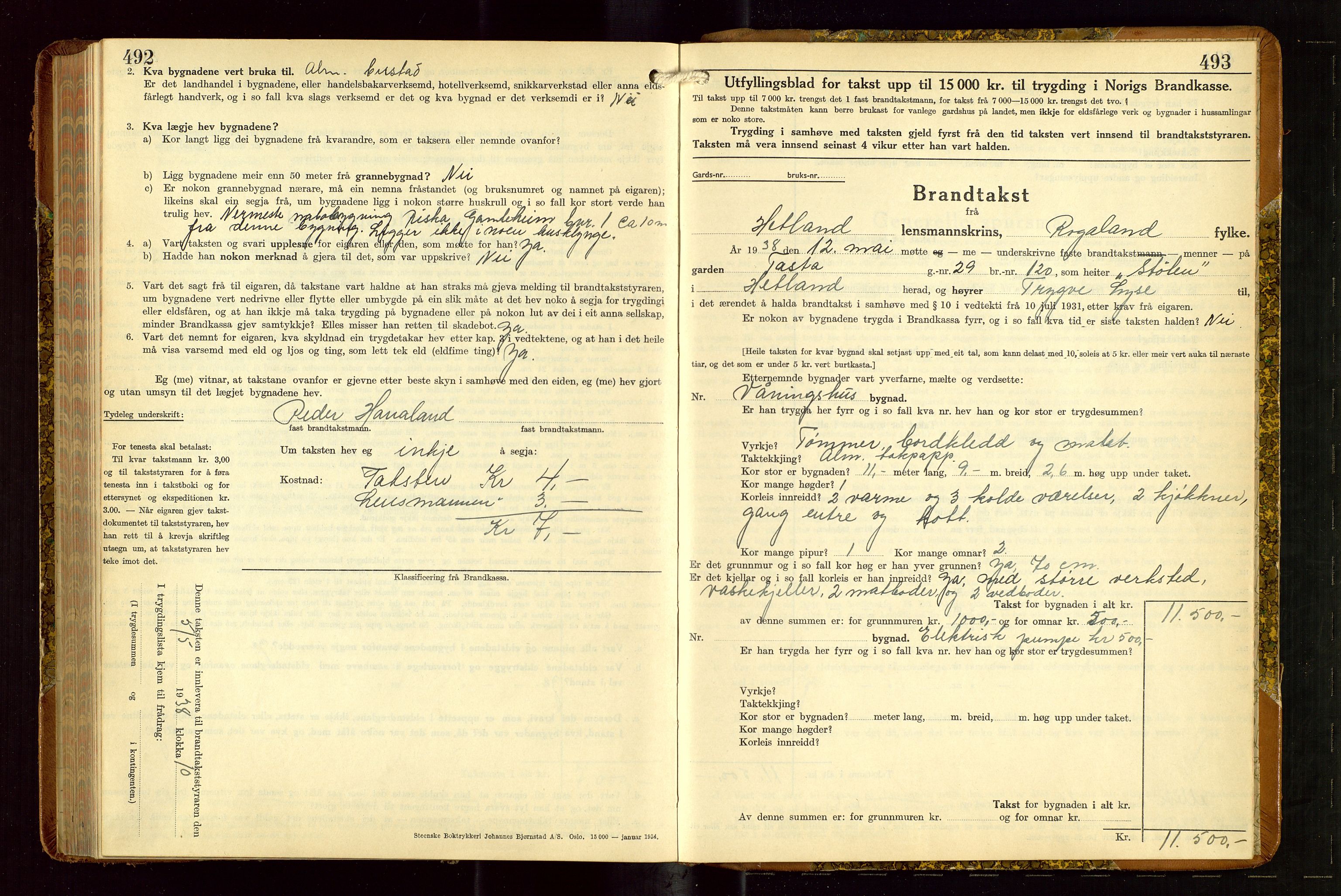 Hetland lensmannskontor, SAST/A-100101/Gob/L0005: "Brandtakstprotokoll", 1936-1938, s. 492-493