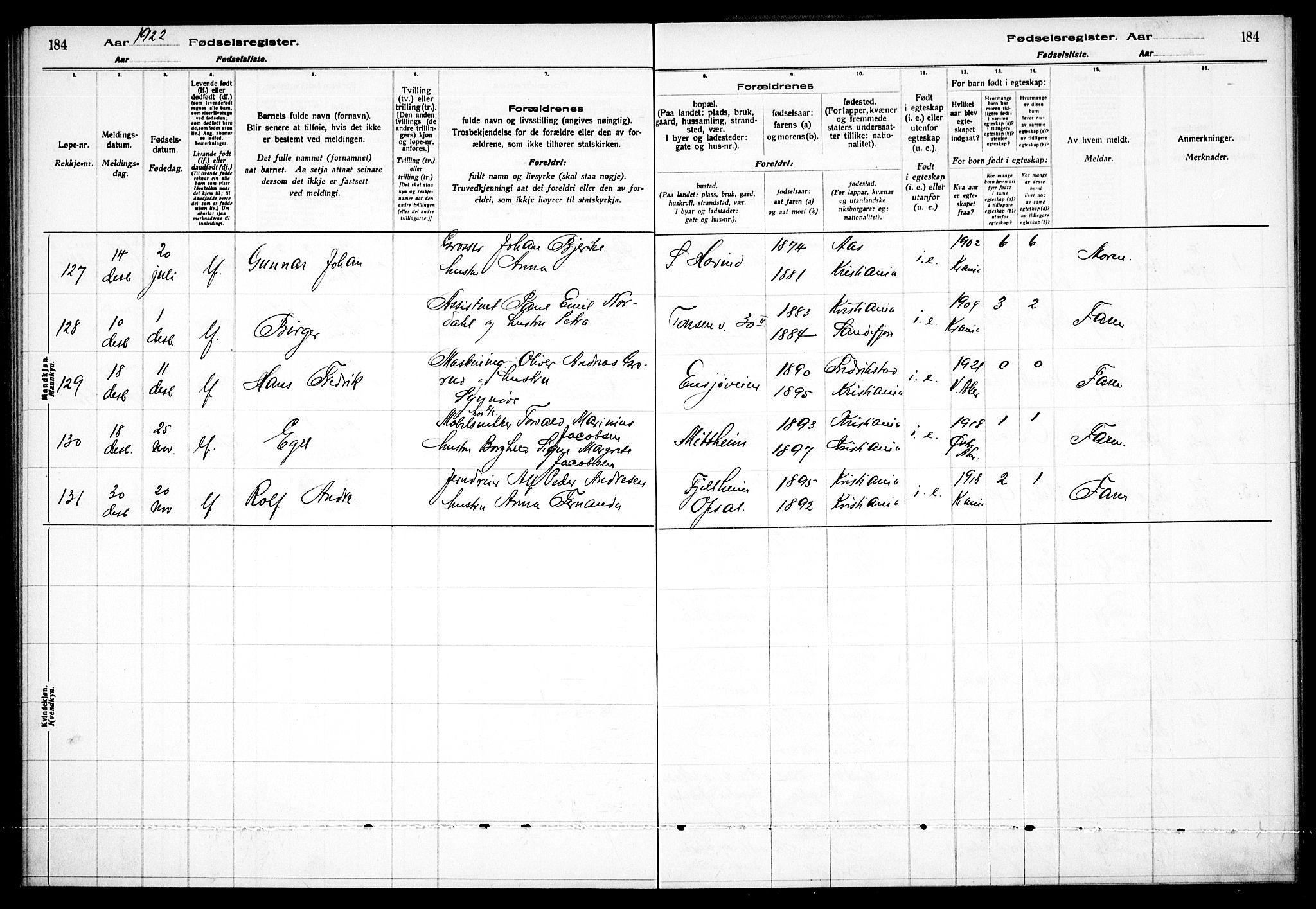 Østre Aker prestekontor Kirkebøker, AV/SAO-A-10840/J/Ja/L0001: Fødselsregister nr. I 1, 1916-1923, s. 184