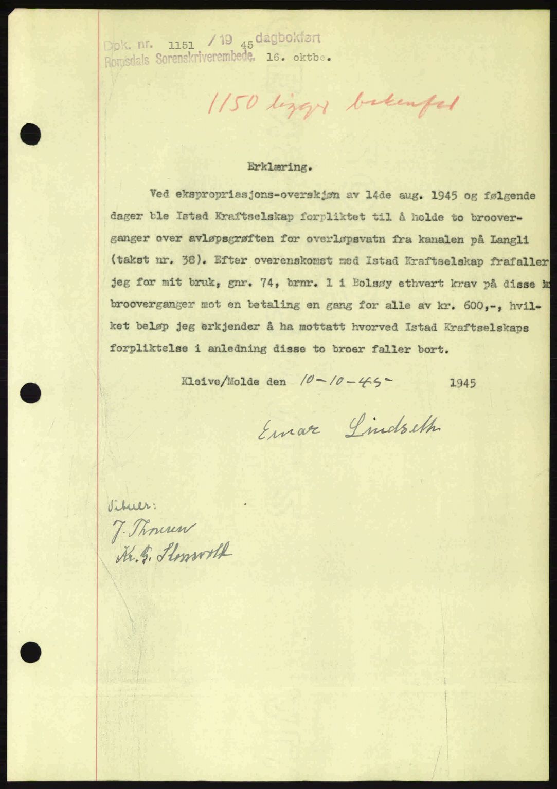 Romsdal sorenskriveri, SAT/A-4149/1/2/2C: Pantebok nr. A18, 1945-1945, Dagboknr: 1151/1945