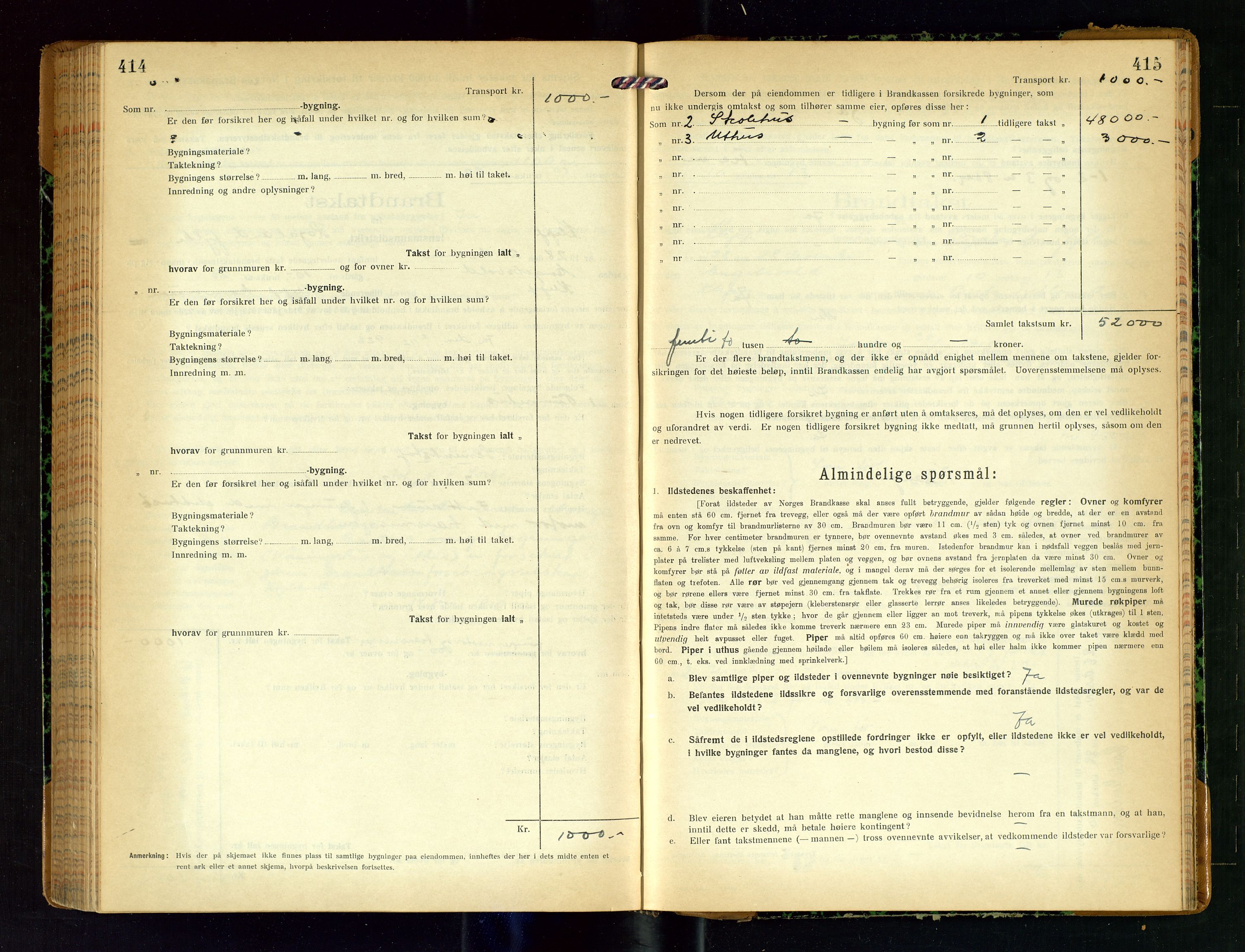 Klepp lensmannskontor, SAST/A-100163/Goc/L0011: "Brandtakstprotokoll" m/register, 1924-1929, s. 414-415