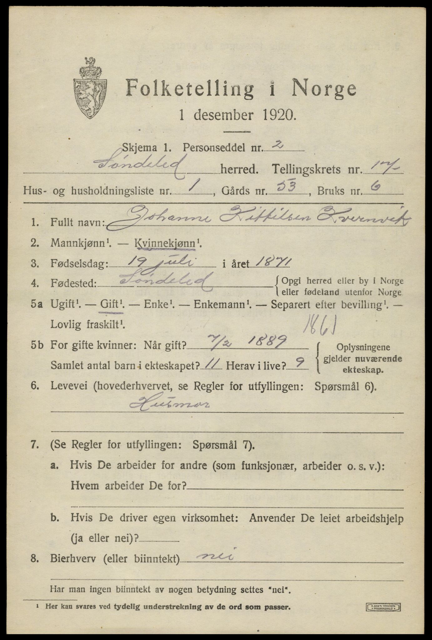 SAK, Folketelling 1920 for 0913 Søndeled herred, 1920, s. 7315