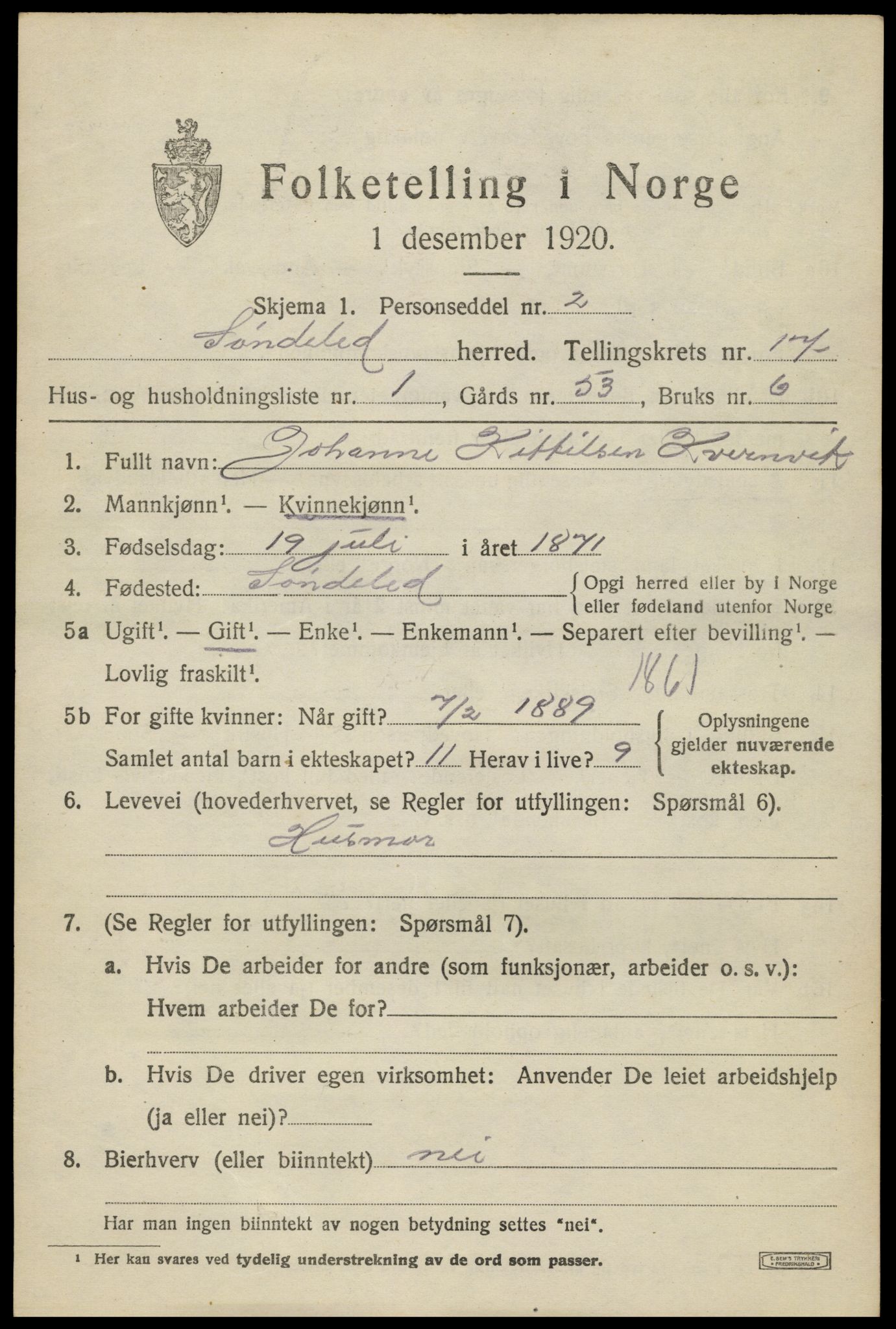 SAK, Folketelling 1920 for 0913 Søndeled herred, 1920, s. 7315