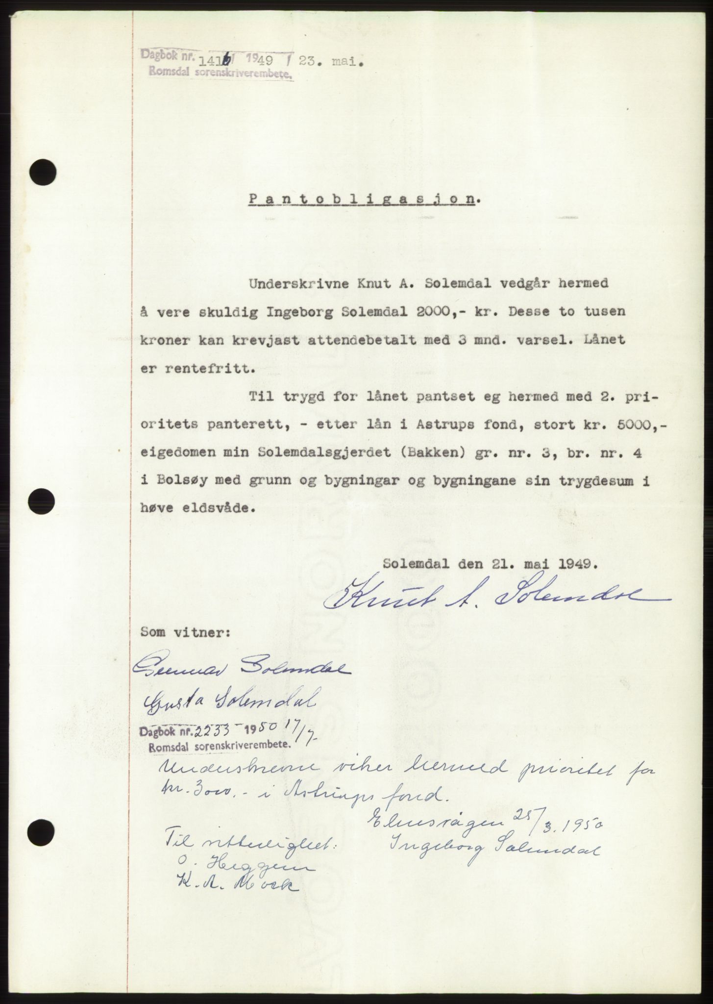 Romsdal sorenskriveri, SAT/A-4149/1/2/2C: Pantebok nr. B4, 1948-1949, Dagboknr: 1416/1949
