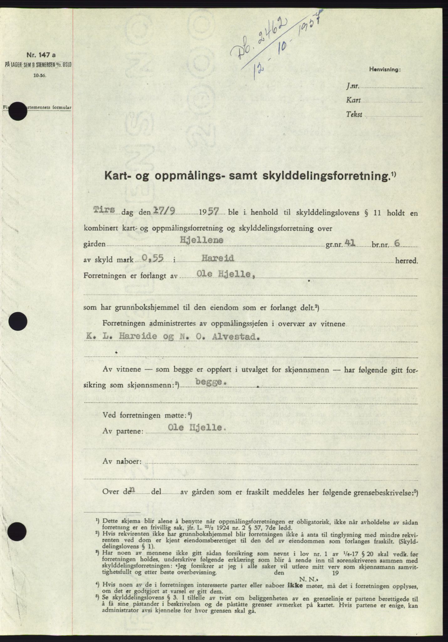 Søre Sunnmøre sorenskriveri, SAT/A-4122/1/2/2C/L0107: Pantebok nr. 33A, 1957-1957, Dagboknr: 2462/1957