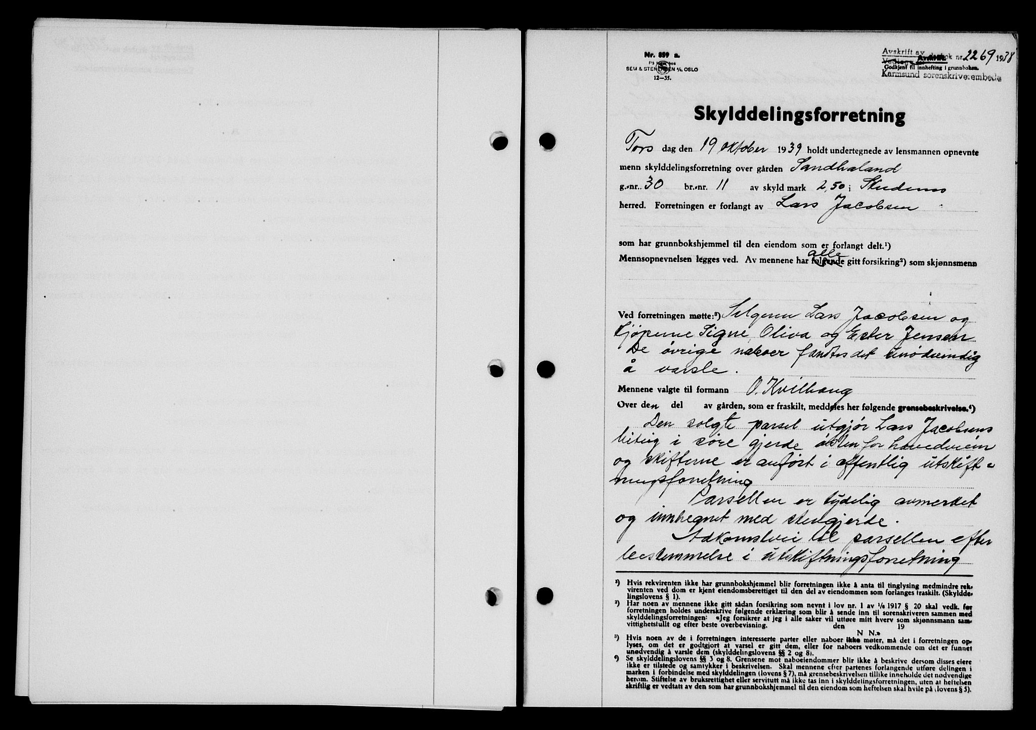 Karmsund sorenskriveri, SAST/A-100311/01/II/IIB/L0072: Pantebok nr. 53A, 1939-1940, Dagboknr: 2269/1939
