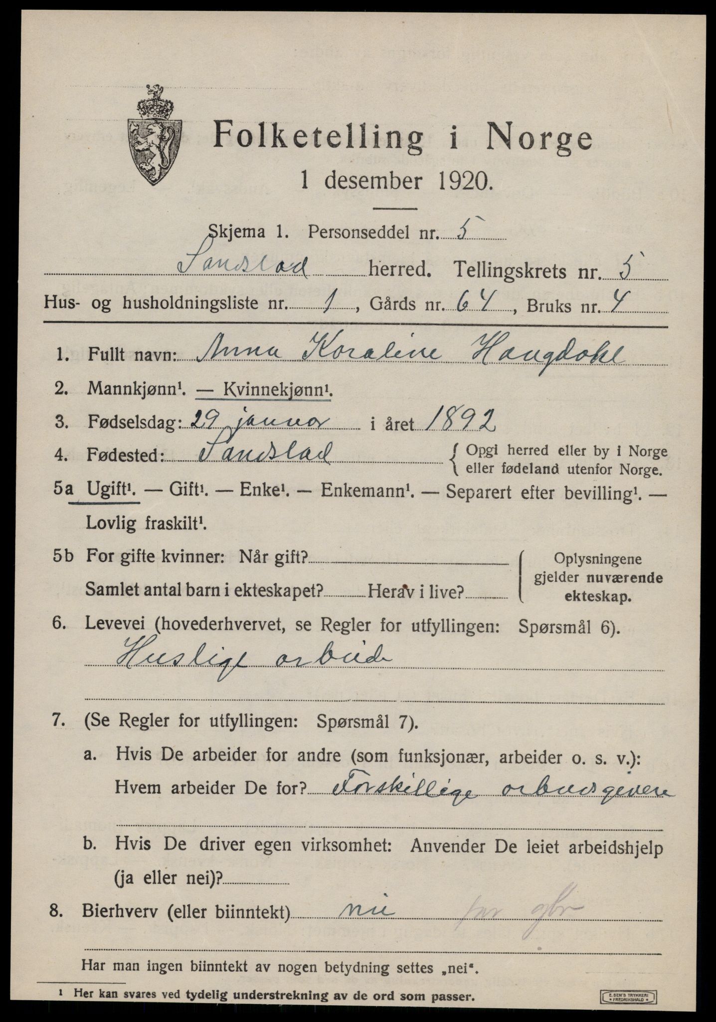 SAT, Folketelling 1920 for 1615 Sandstad herred, 1920, s. 2093