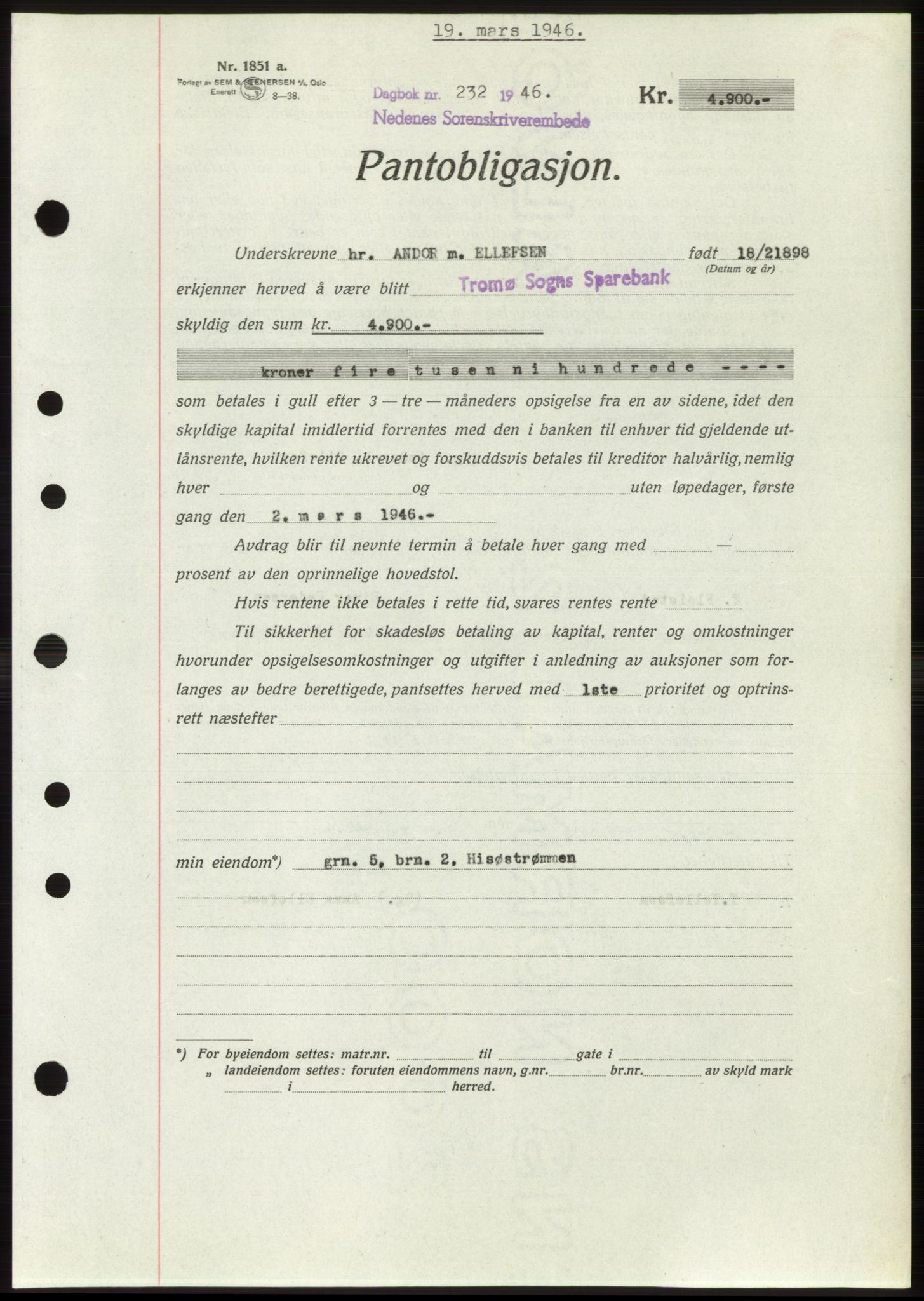 Nedenes sorenskriveri, AV/SAK-1221-0006/G/Gb/Gbb/L0003: Pantebok nr. B3b, 1946-1946, Dagboknr: 232/1946