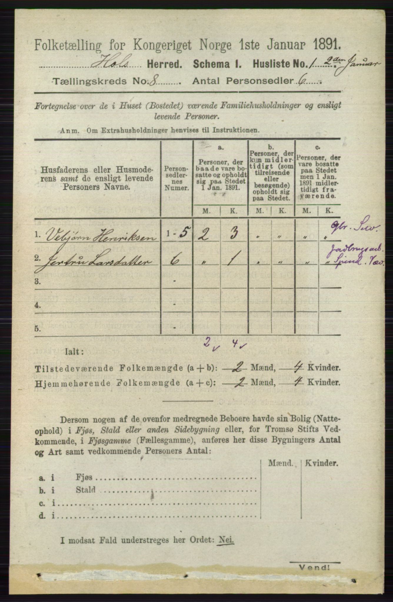 RA, Folketelling 1891 for 0620 Hol herred, 1891, s. 2212