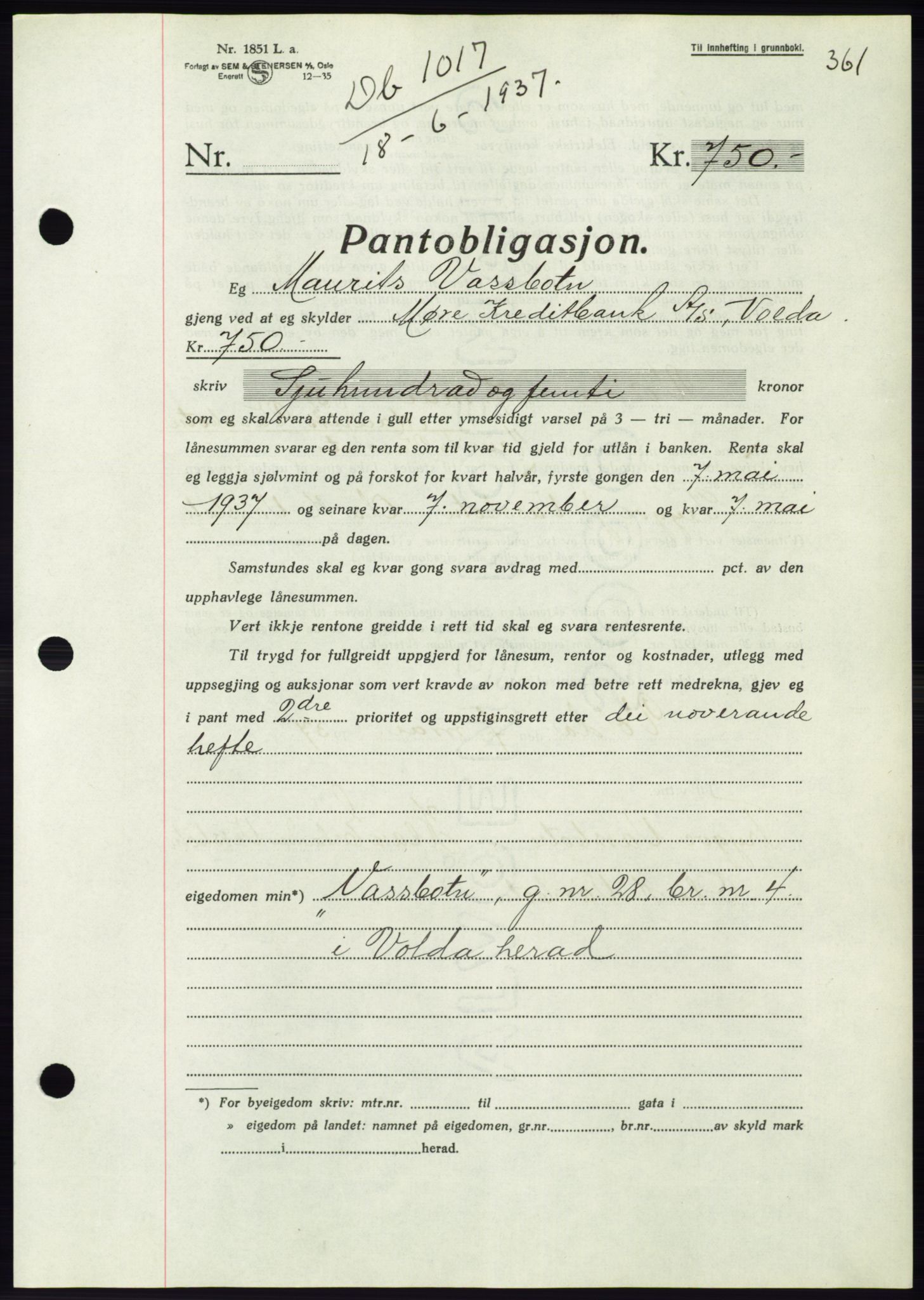 Søre Sunnmøre sorenskriveri, AV/SAT-A-4122/1/2/2C/L0063: Pantebok nr. 57, 1937-1937, Dagboknr: 1017/1937