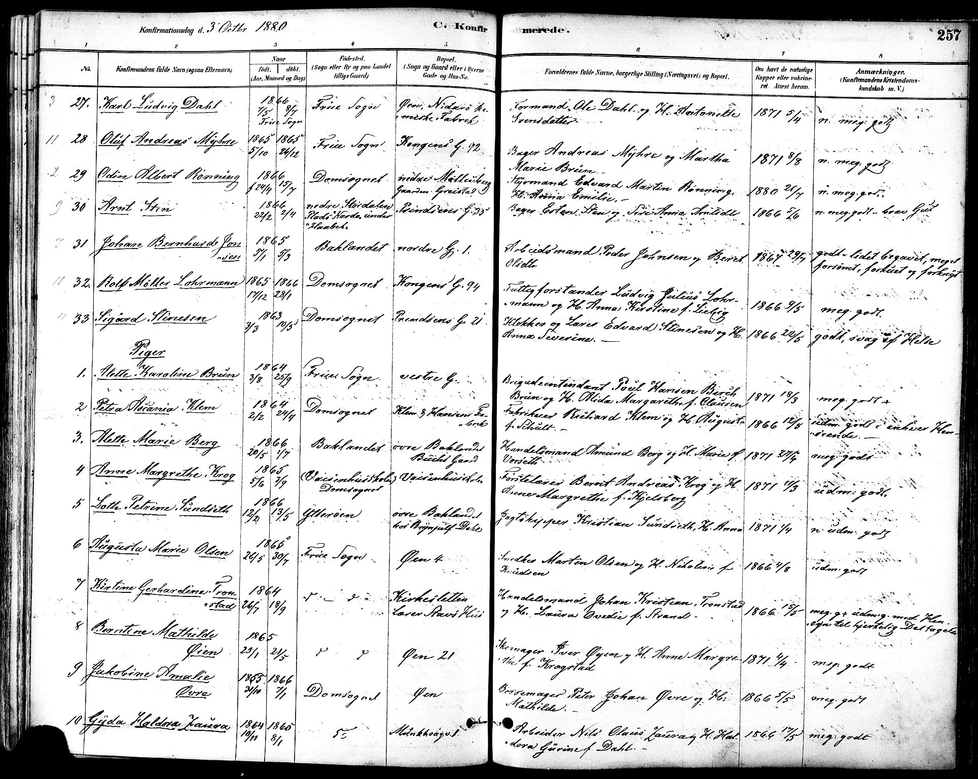 Ministerialprotokoller, klokkerbøker og fødselsregistre - Sør-Trøndelag, SAT/A-1456/601/L0057: Ministerialbok nr. 601A25, 1877-1891, s. 257