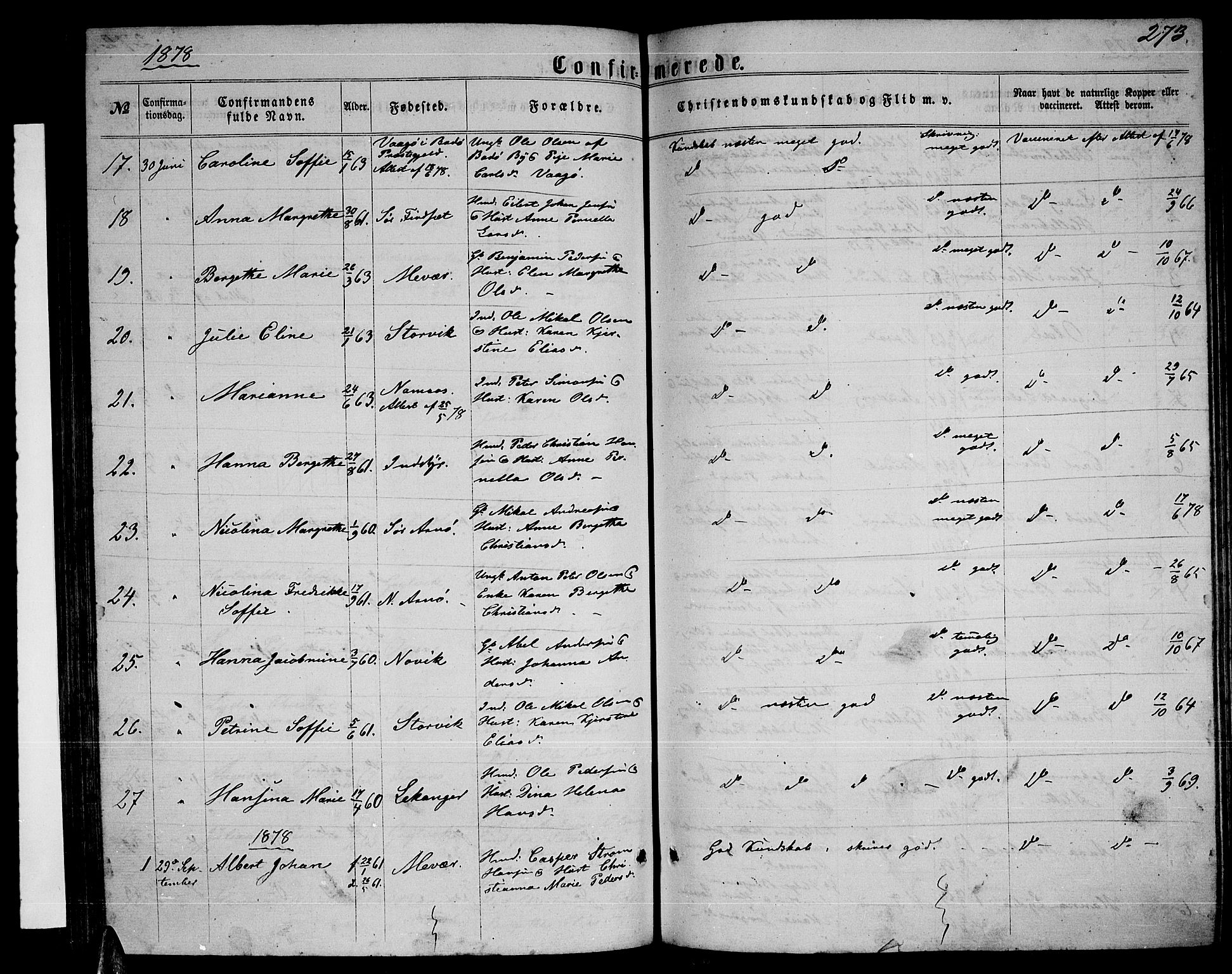 Ministerialprotokoller, klokkerbøker og fødselsregistre - Nordland, AV/SAT-A-1459/805/L0107: Klokkerbok nr. 805C03, 1862-1885, s. 273