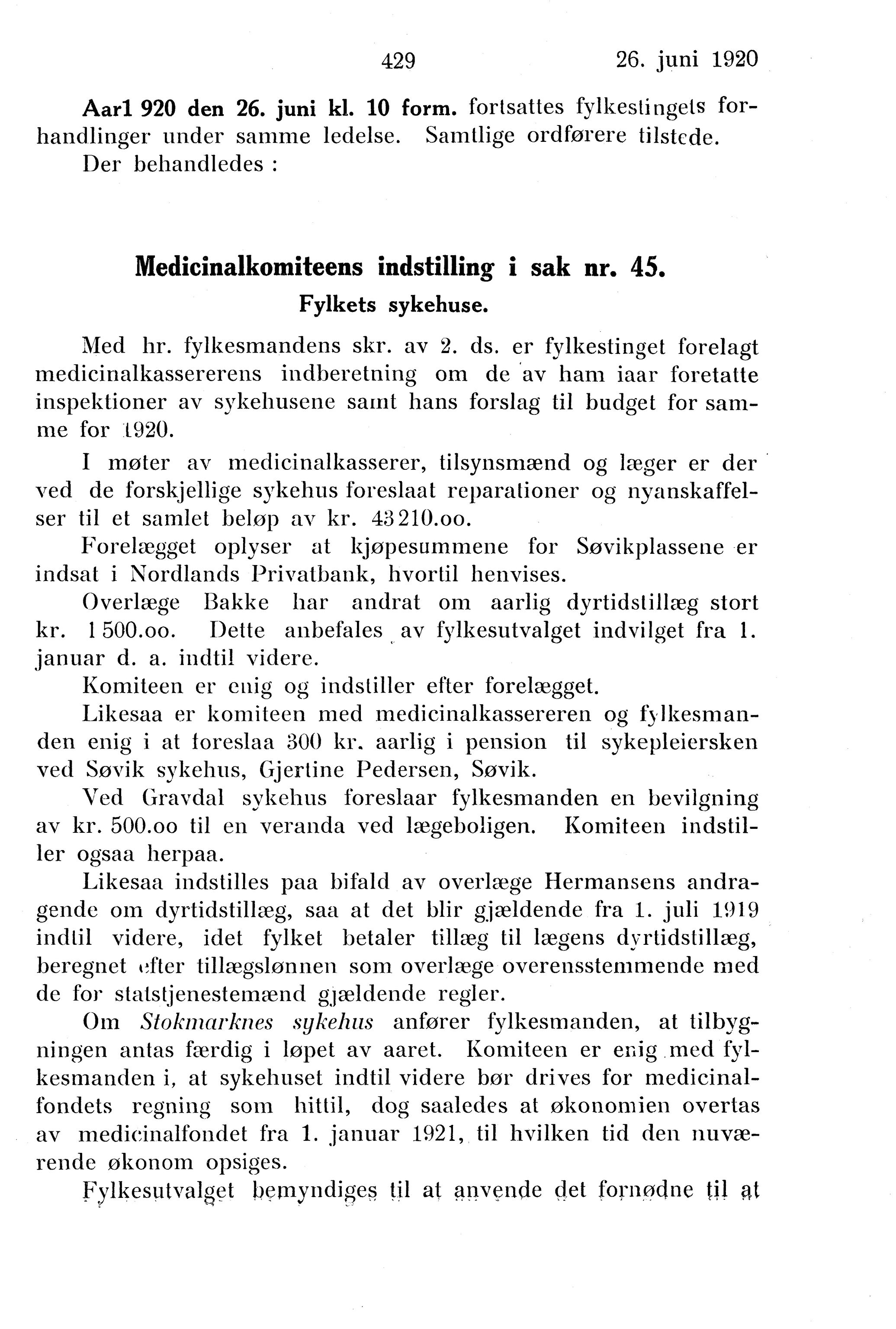 Nordland Fylkeskommune. Fylkestinget, AIN/NFK-17/176/A/Ac/L0043: Fylkestingsforhandlinger 1920, 1920