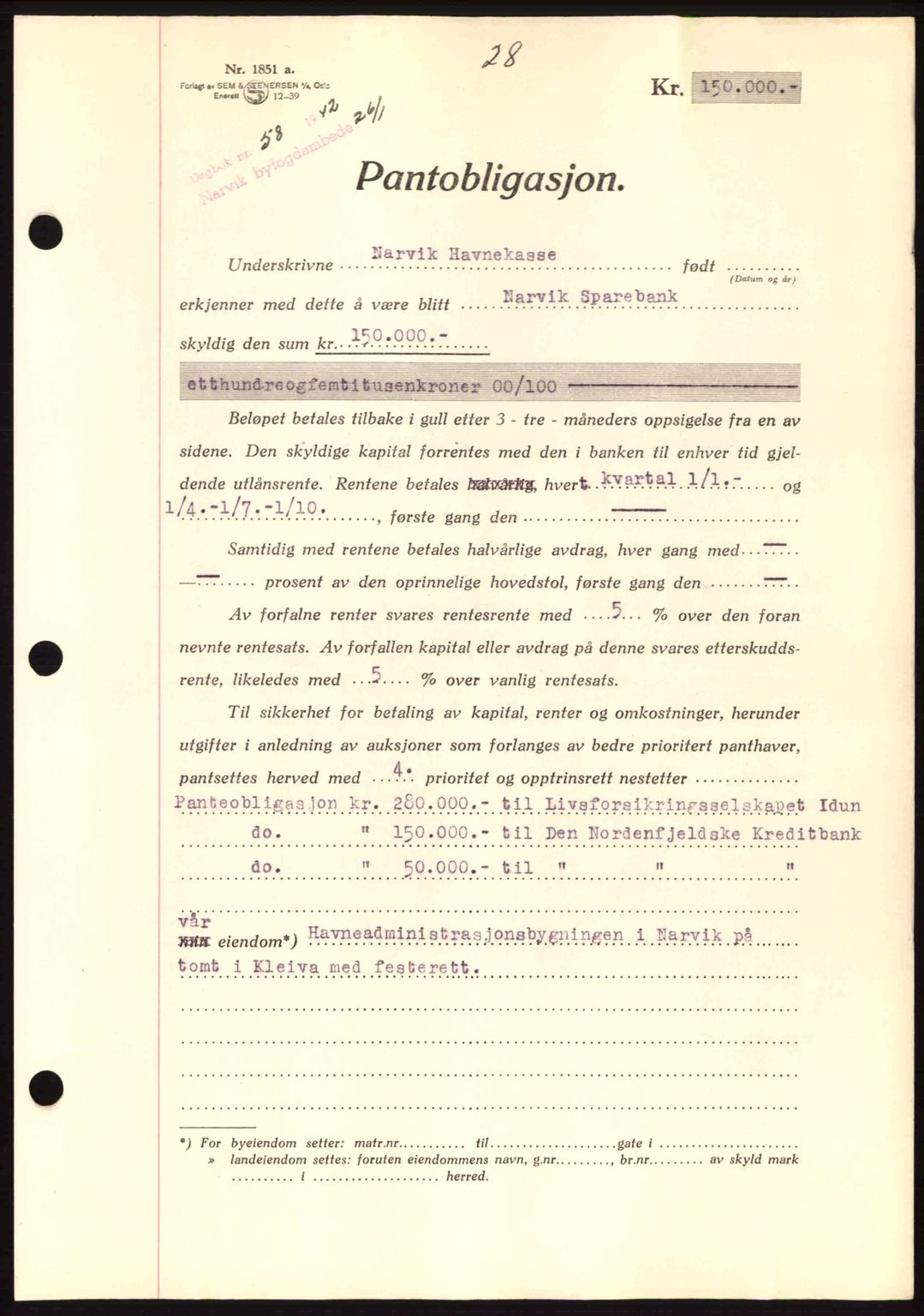 Narvik sorenskriveri, SAT/A-0002/1/2/2C/2Ca: Pantebok nr. A19, 1942-1943, Dagboknr: 58/1942