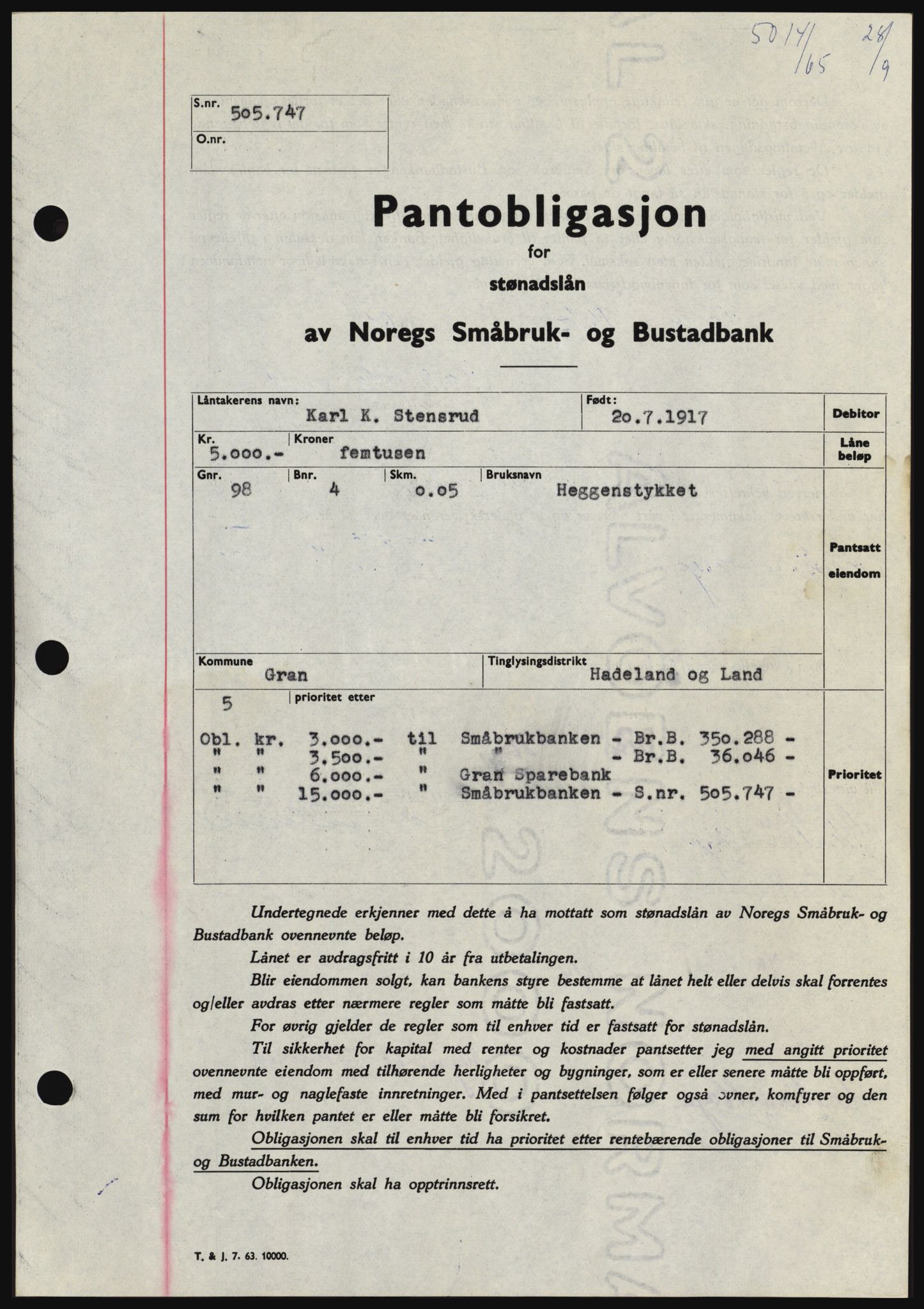 Hadeland og Land tingrett, SAH/TING-010/H/Hb/Hbc/L0060: Pantebok nr. B60, 1965-1965, Dagboknr: 5014/1965