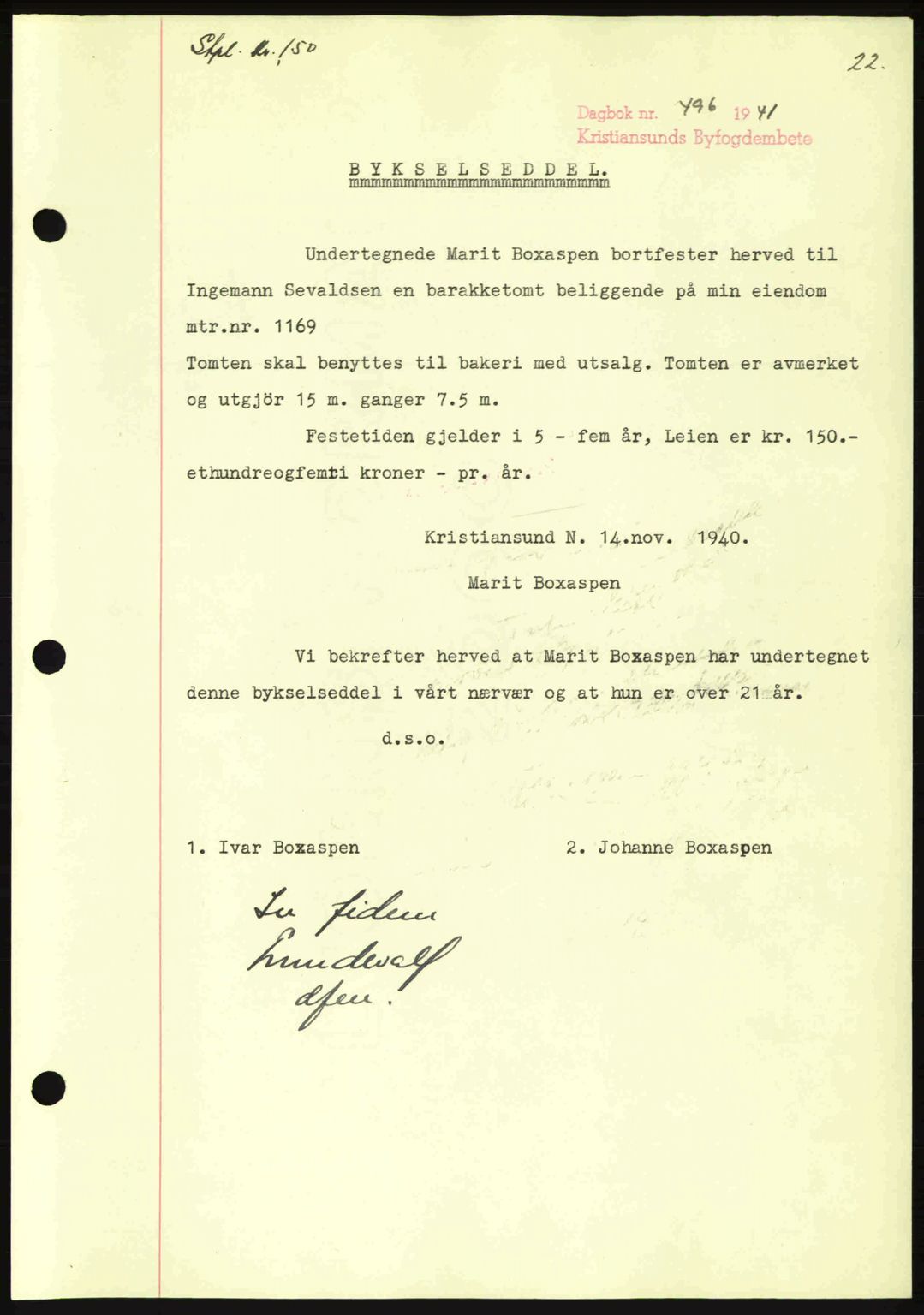 Kristiansund byfogd, AV/SAT-A-4587/A/27: Pantebok nr. 35, 1941-1942, Dagboknr: 496/1941