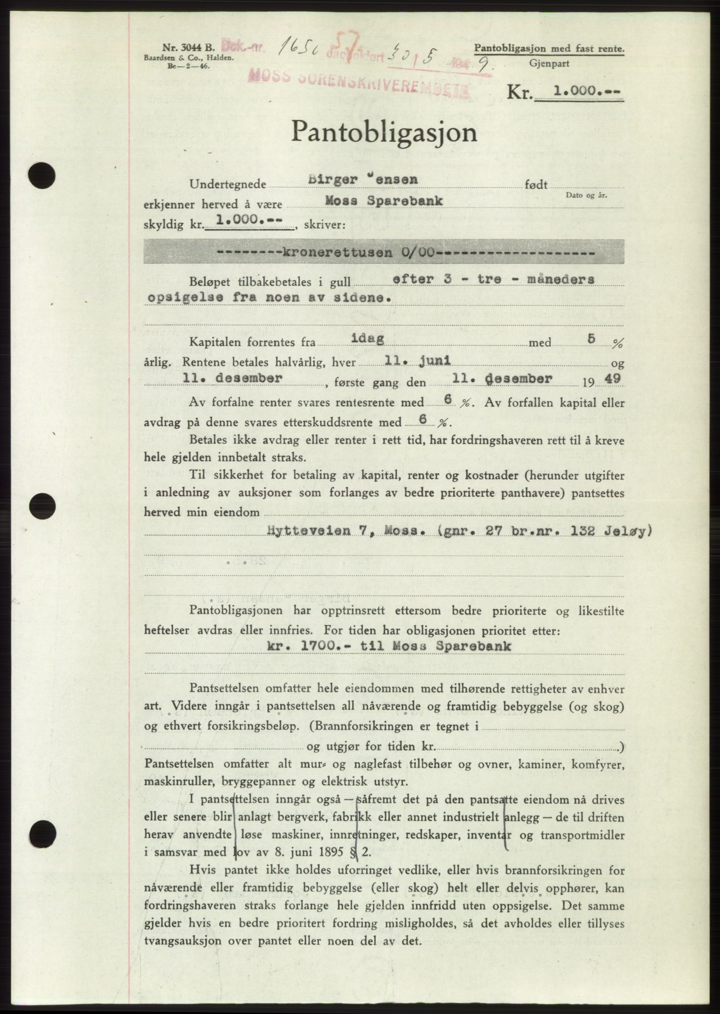 Moss sorenskriveri, SAO/A-10168: Pantebok nr. B22, 1949-1949, Dagboknr: 1650/1949