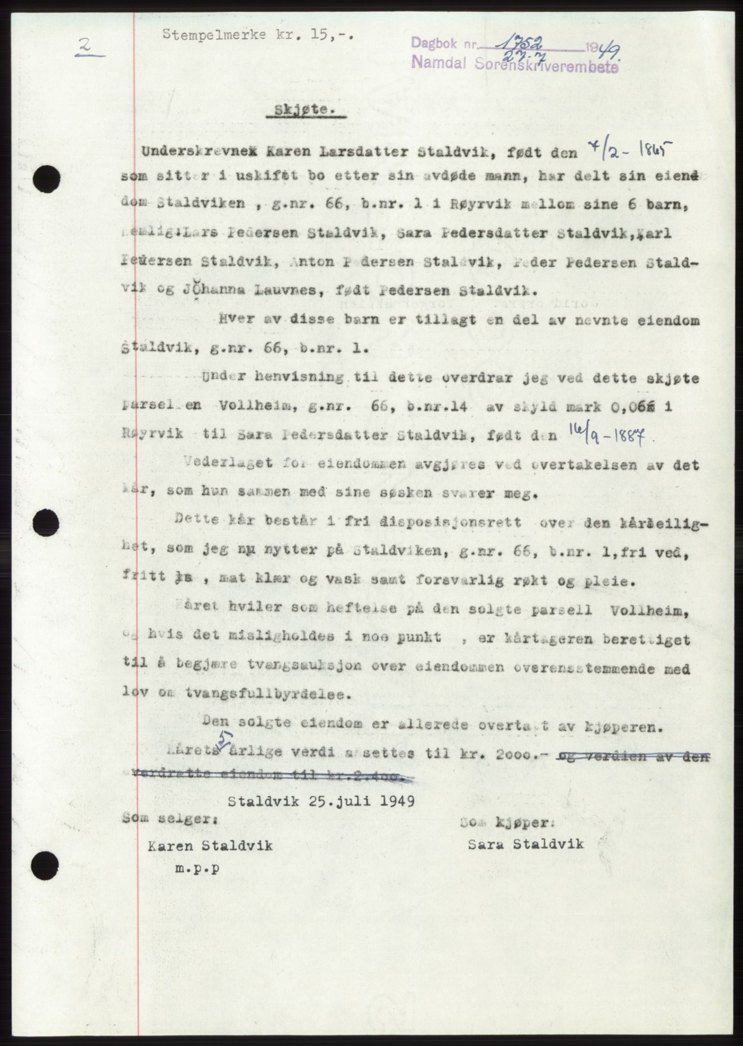 Namdal sorenskriveri, SAT/A-4133/1/2/2C: Pantebok nr. -, 1949-1949, Dagboknr: 1752/1949
