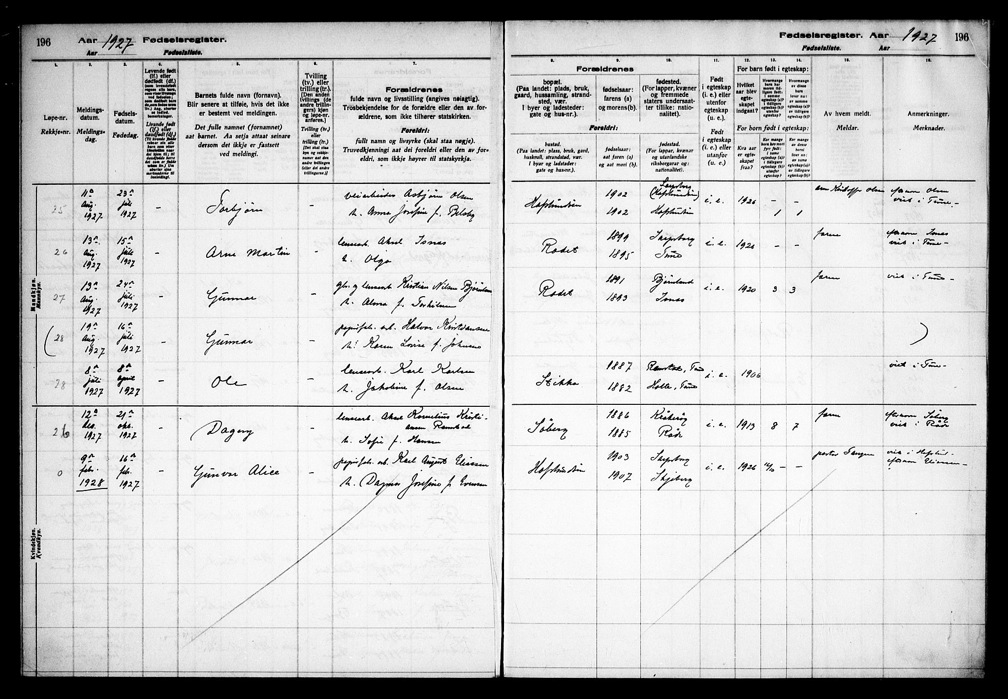 Tune prestekontor Kirkebøker, AV/SAO-A-2007/J/Ja/L0001: Fødselsregister nr. I 1, 1916-1928, s. 196