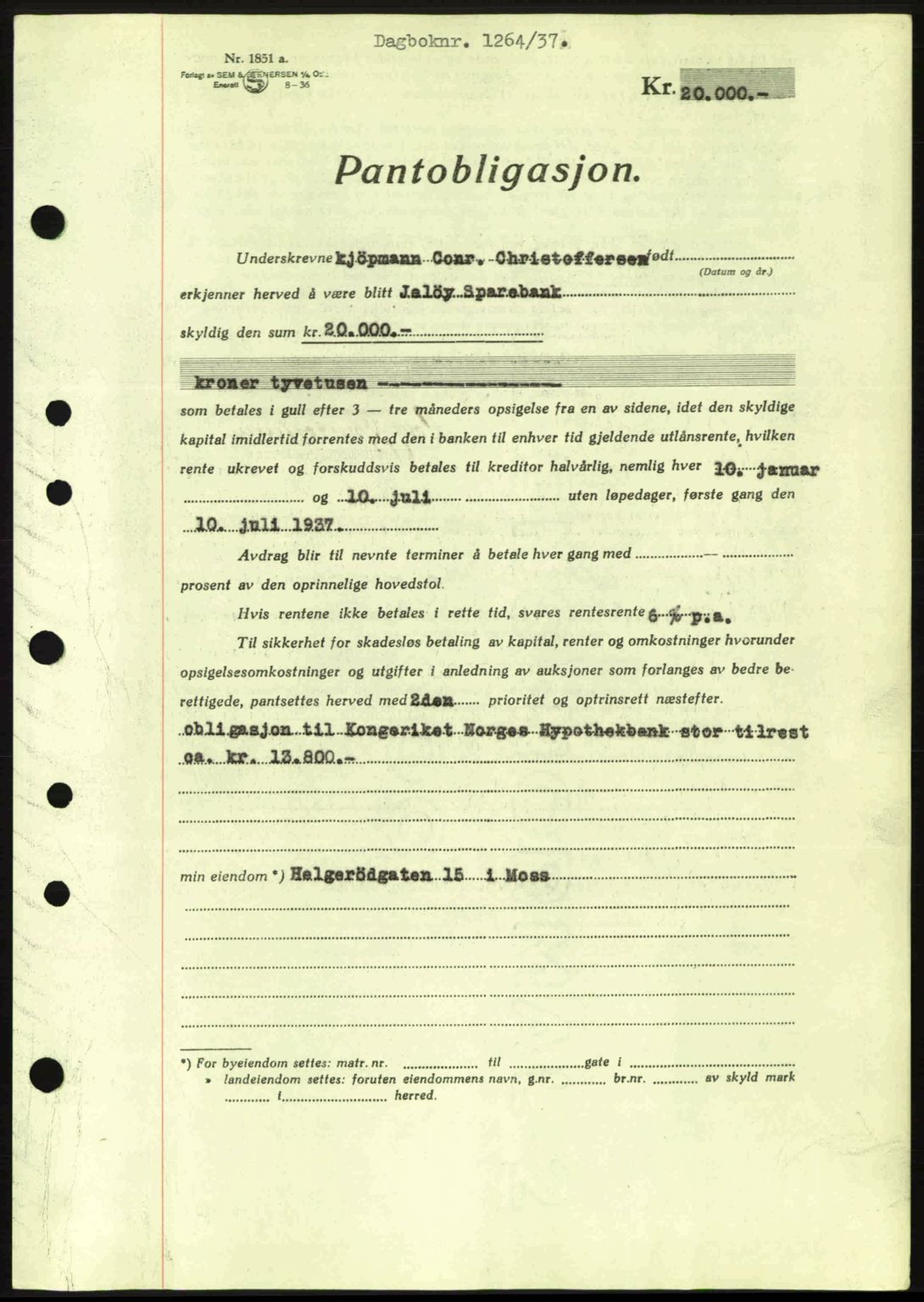 Moss sorenskriveri, SAO/A-10168: Pantebok nr. B3, 1937-1937, Dagboknr: 1264/1937