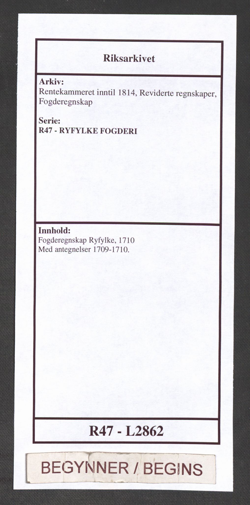 Rentekammeret inntil 1814, Reviderte regnskaper, Fogderegnskap, AV/RA-EA-4092/R47/L2862: Fogderegnskap Ryfylke, 1710, s. 1