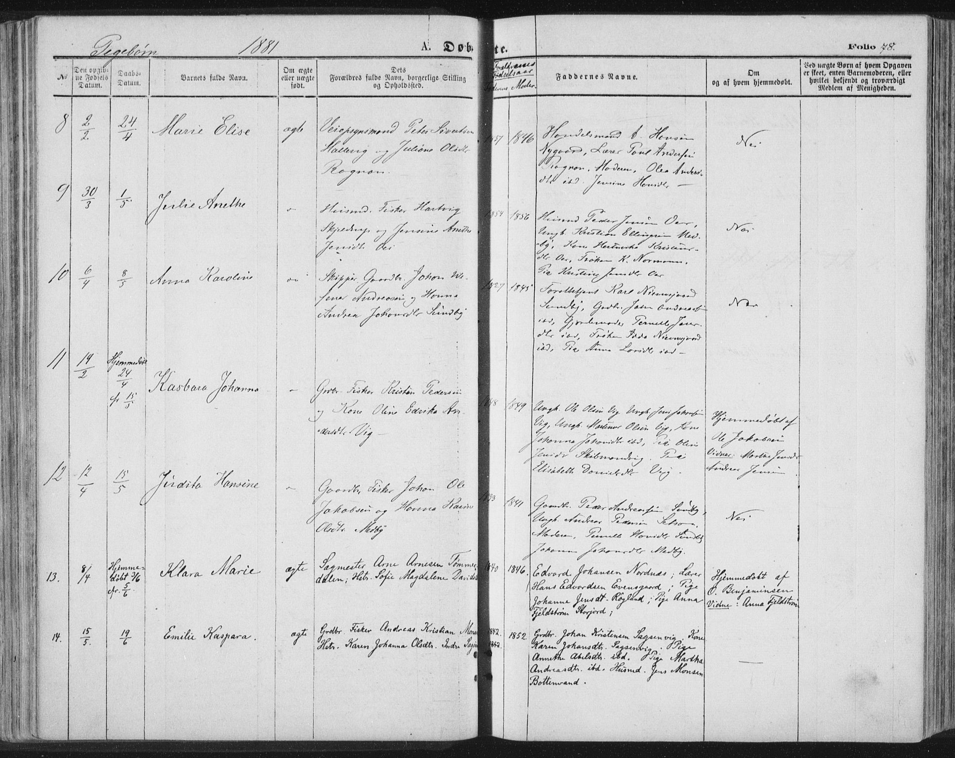 Ministerialprotokoller, klokkerbøker og fødselsregistre - Nordland, AV/SAT-A-1459/847/L0668: Ministerialbok nr. 847A08, 1872-1886, s. 78