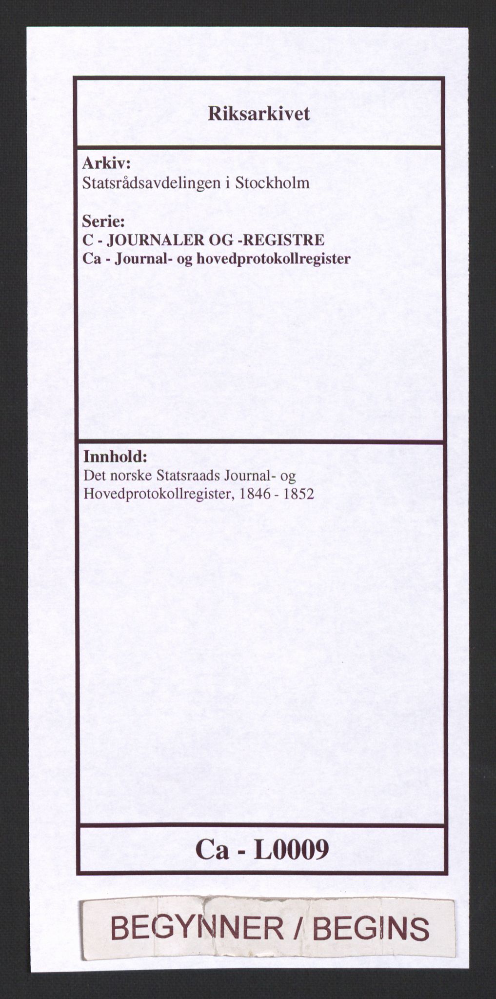 Statsrådsavdelingen i Stockholm, RA/S-1003/C/Ca/L0009: Det norske Statsraads Journal- og Hovedprotokollregister, 1846-1852