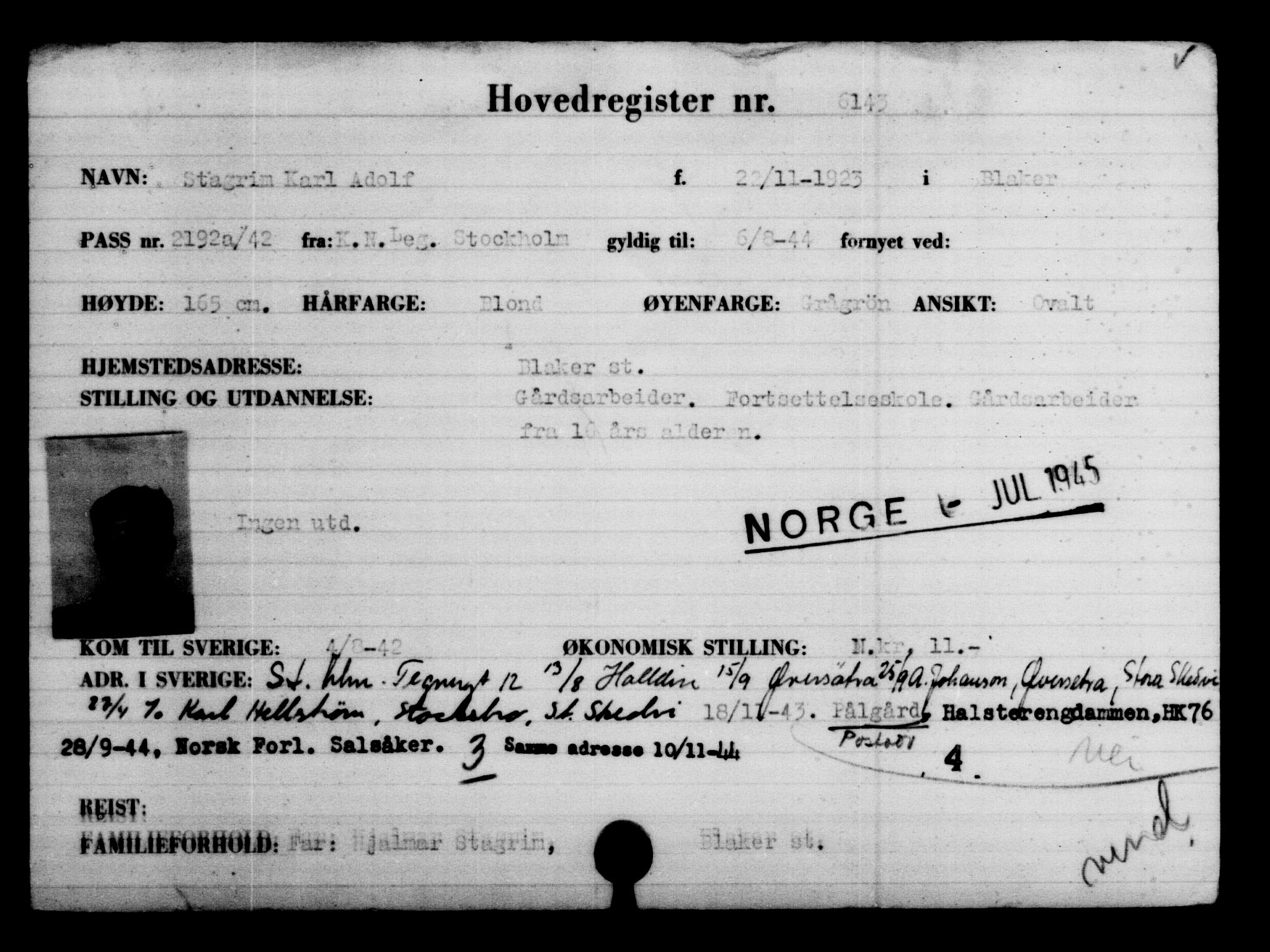 Den Kgl. Norske Legasjons Flyktningskontor, AV/RA-S-6753/V/Va/L0004: Kjesäterkartoteket.  Flyktningenr. 3496-6610, 1940-1945, s. 3103