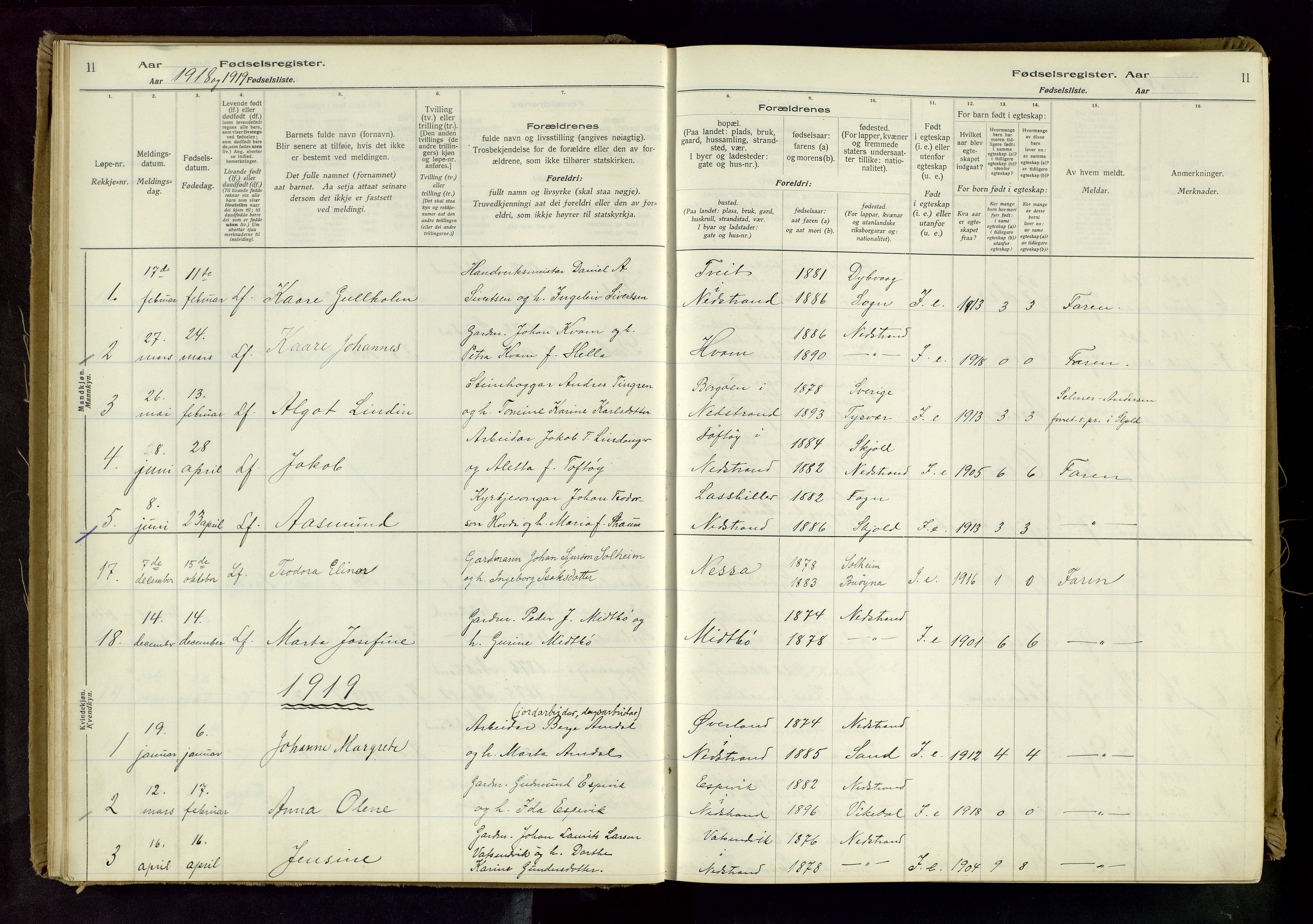 Nedstrand sokneprestkontor, AV/SAST-A-101841/03/C/L0001: Fødselsregister nr. 1, 1916-1981, s. 11
