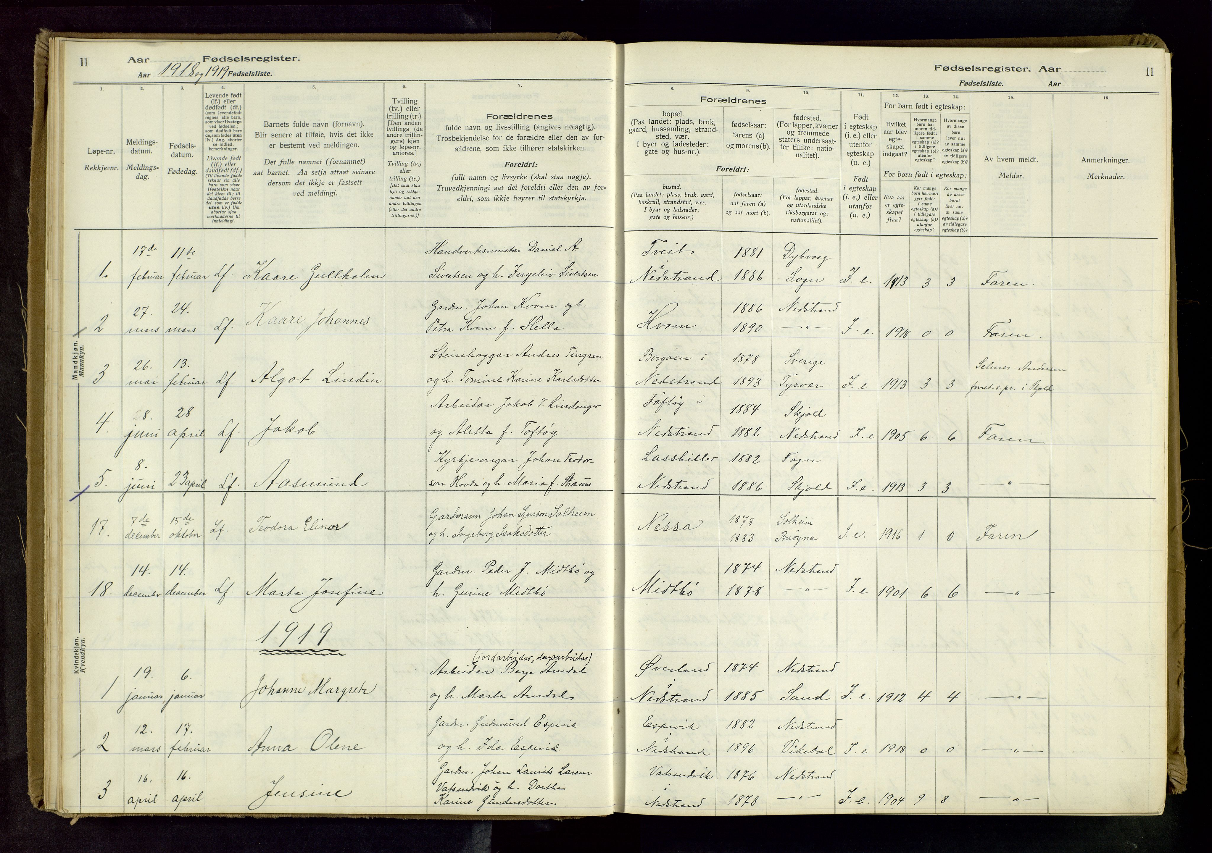 Nedstrand sokneprestkontor, SAST/A-101841/03/C/L0001: Fødselsregister nr. 1, 1916-1981, s. 11