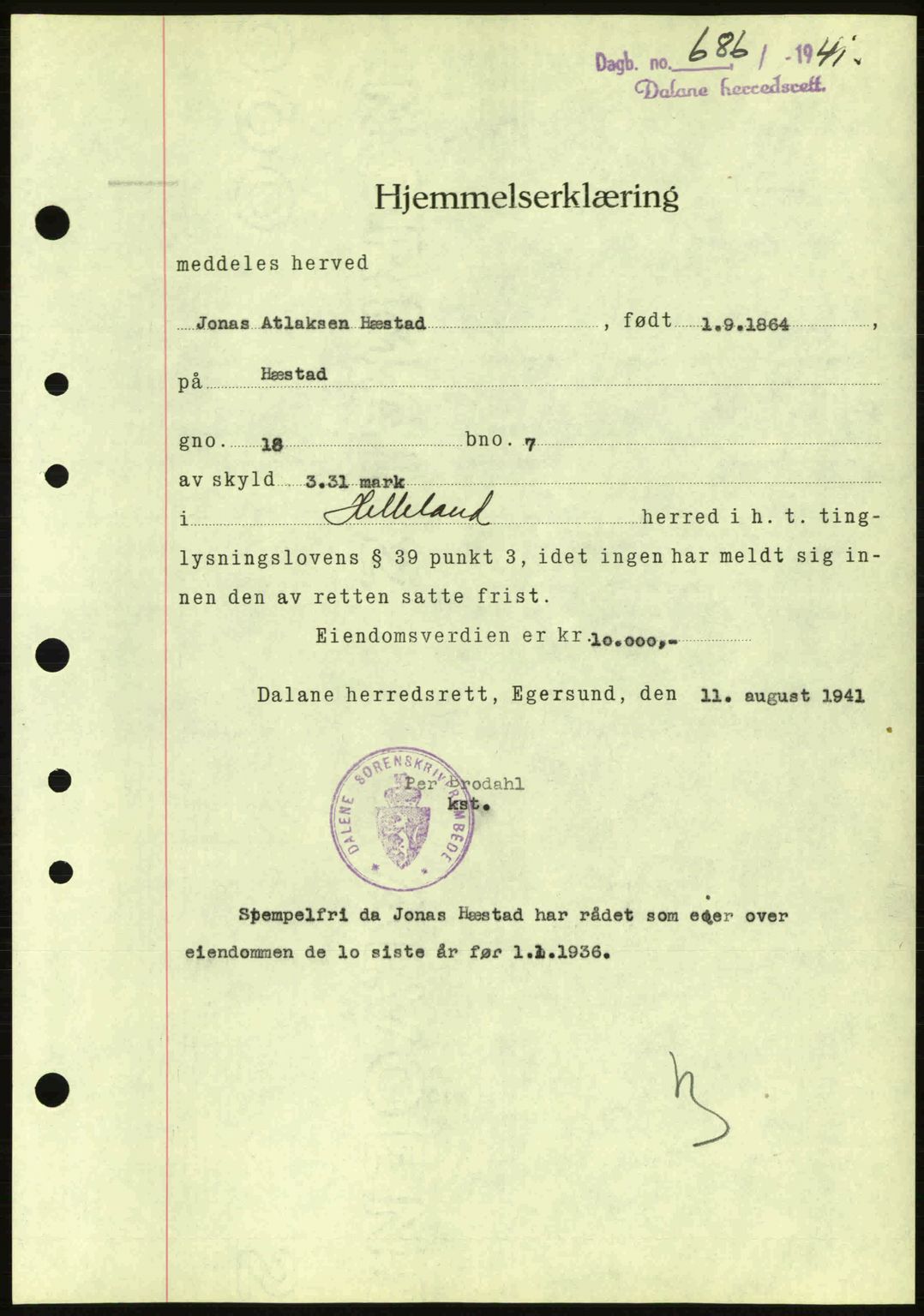 Dalane sorenskriveri, SAST/A-100309/02/G/Gb/L0045: Pantebok nr. A6, 1941-1942, Dagboknr: 686/1941