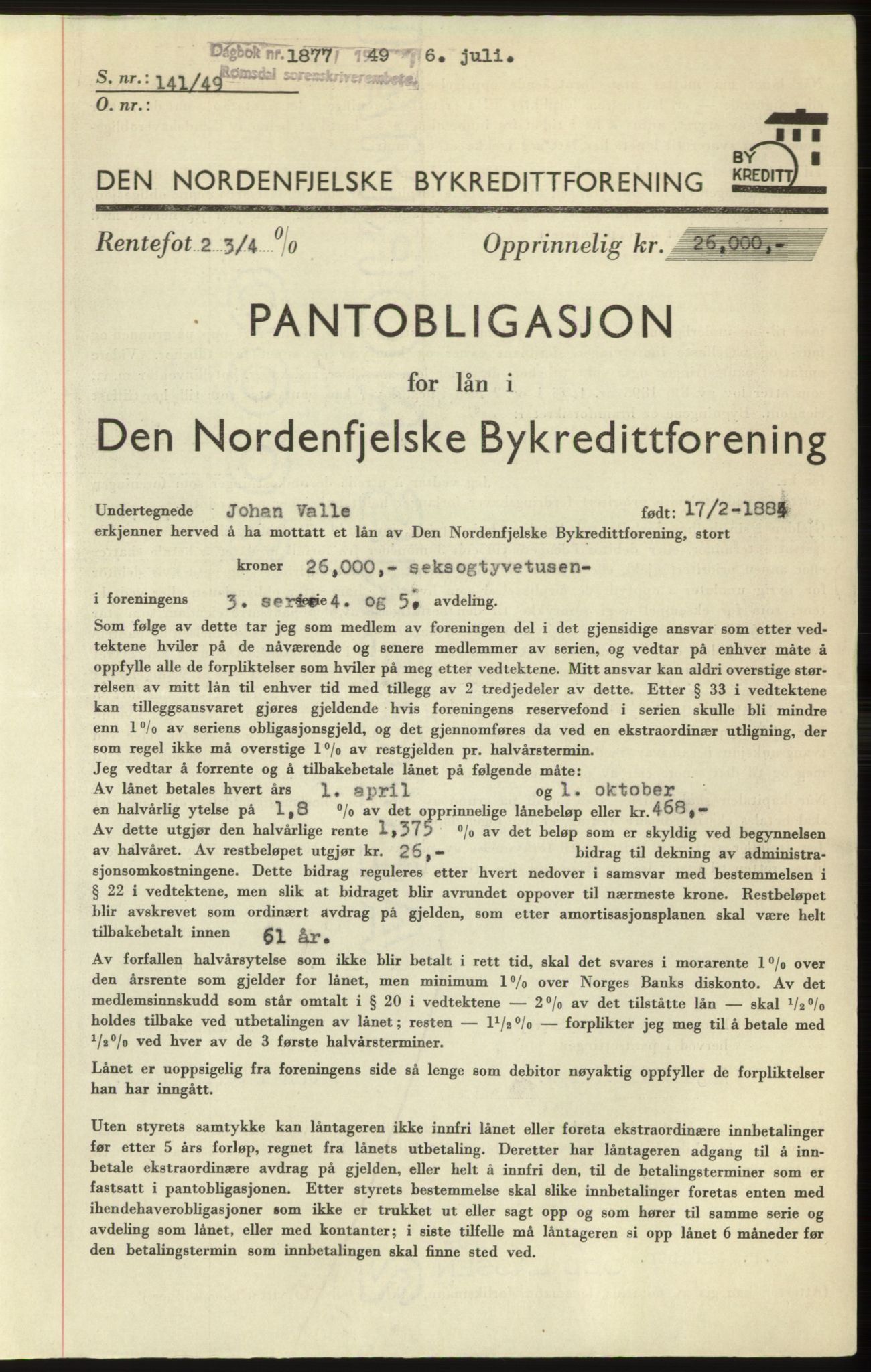 Romsdal sorenskriveri, AV/SAT-A-4149/1/2/2C: Pantebok nr. B4, 1948-1949, Dagboknr: 1877/1949