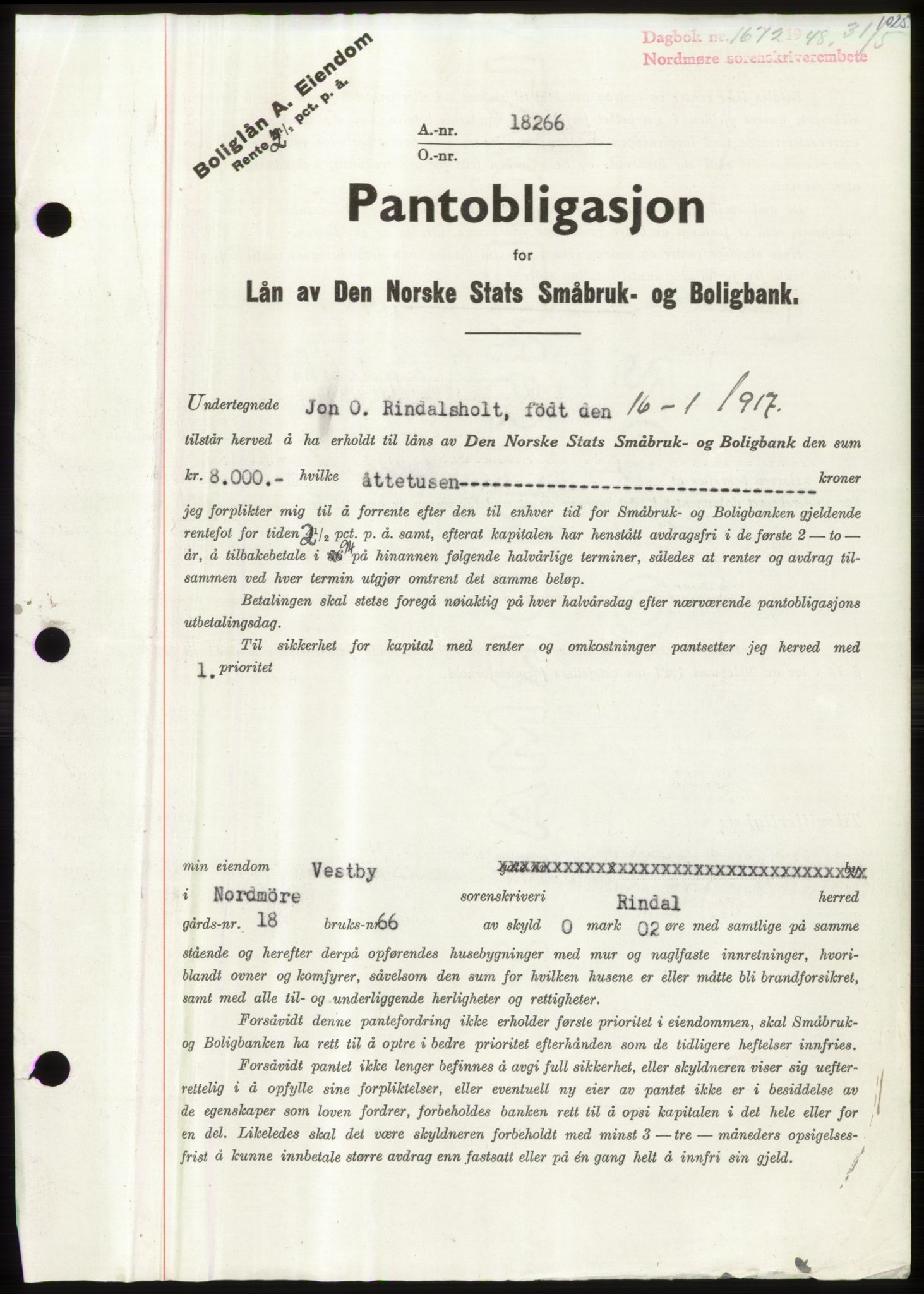 Nordmøre sorenskriveri, SAT/A-4132/1/2/2Ca: Pantebok nr. B98, 1948-1948, Dagboknr: 1672/1948