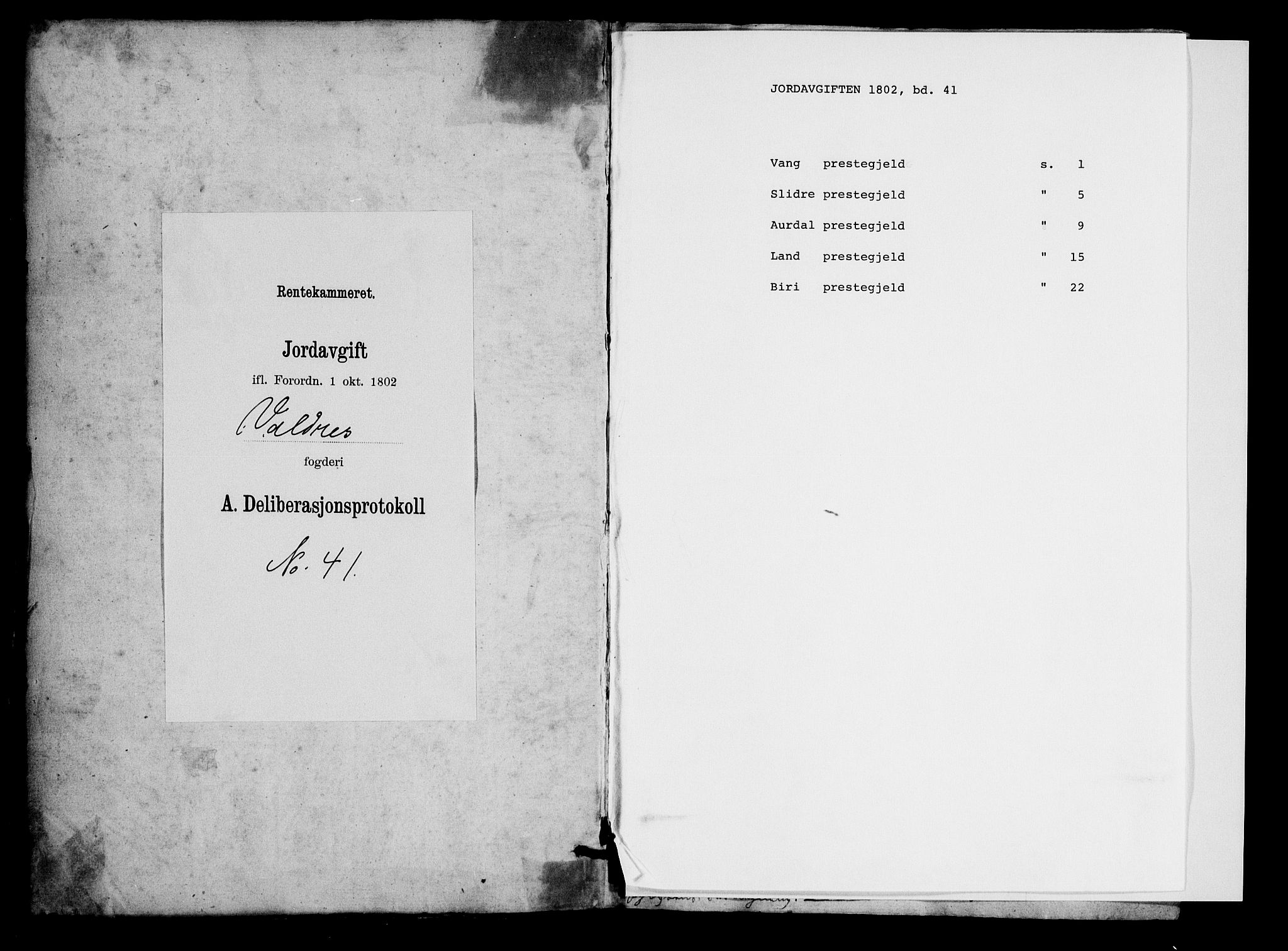 Rentekammeret inntil 1814, Realistisk ordnet avdeling, AV/RA-EA-4070/N/Ne/Nea/L0041: Valdres fogderi. Deliberasjonsprotokoll, 1803, s. 1