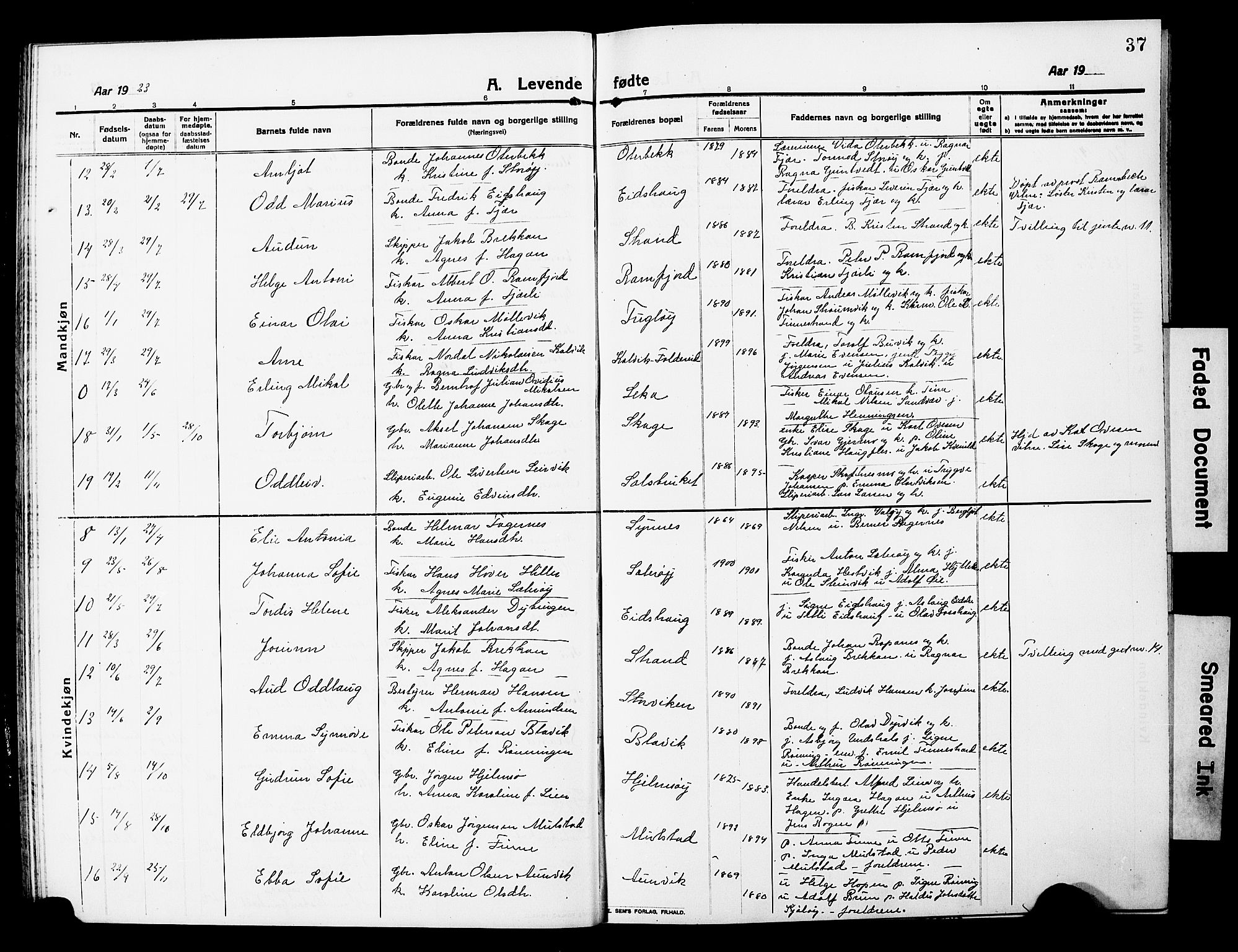 Ministerialprotokoller, klokkerbøker og fødselsregistre - Nord-Trøndelag, SAT/A-1458/780/L0653: Klokkerbok nr. 780C05, 1911-1927, s. 37