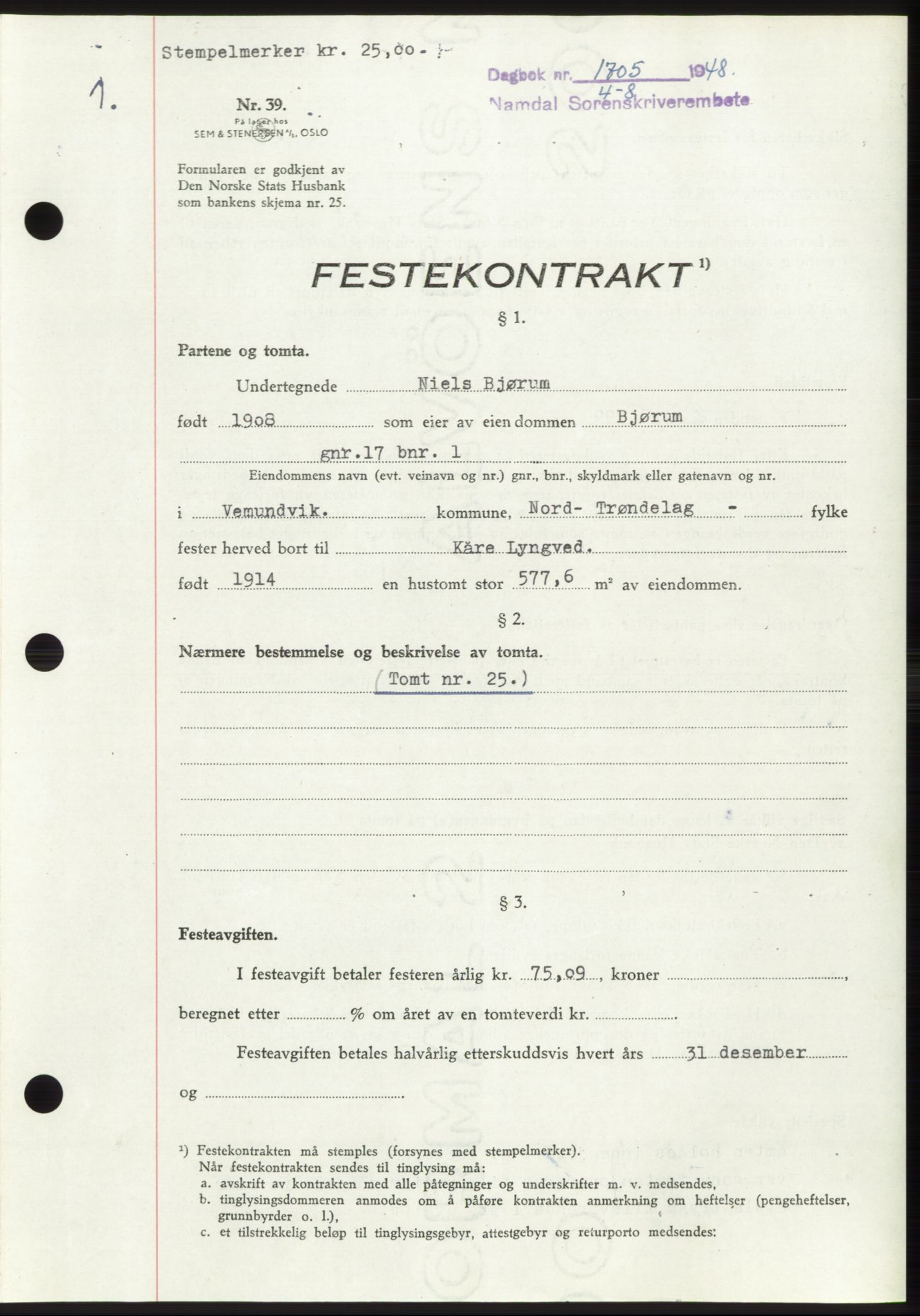 Namdal sorenskriveri, SAT/A-4133/1/2/2C: Pantebok nr. -, 1948-1948, Dagboknr: 1705/1948