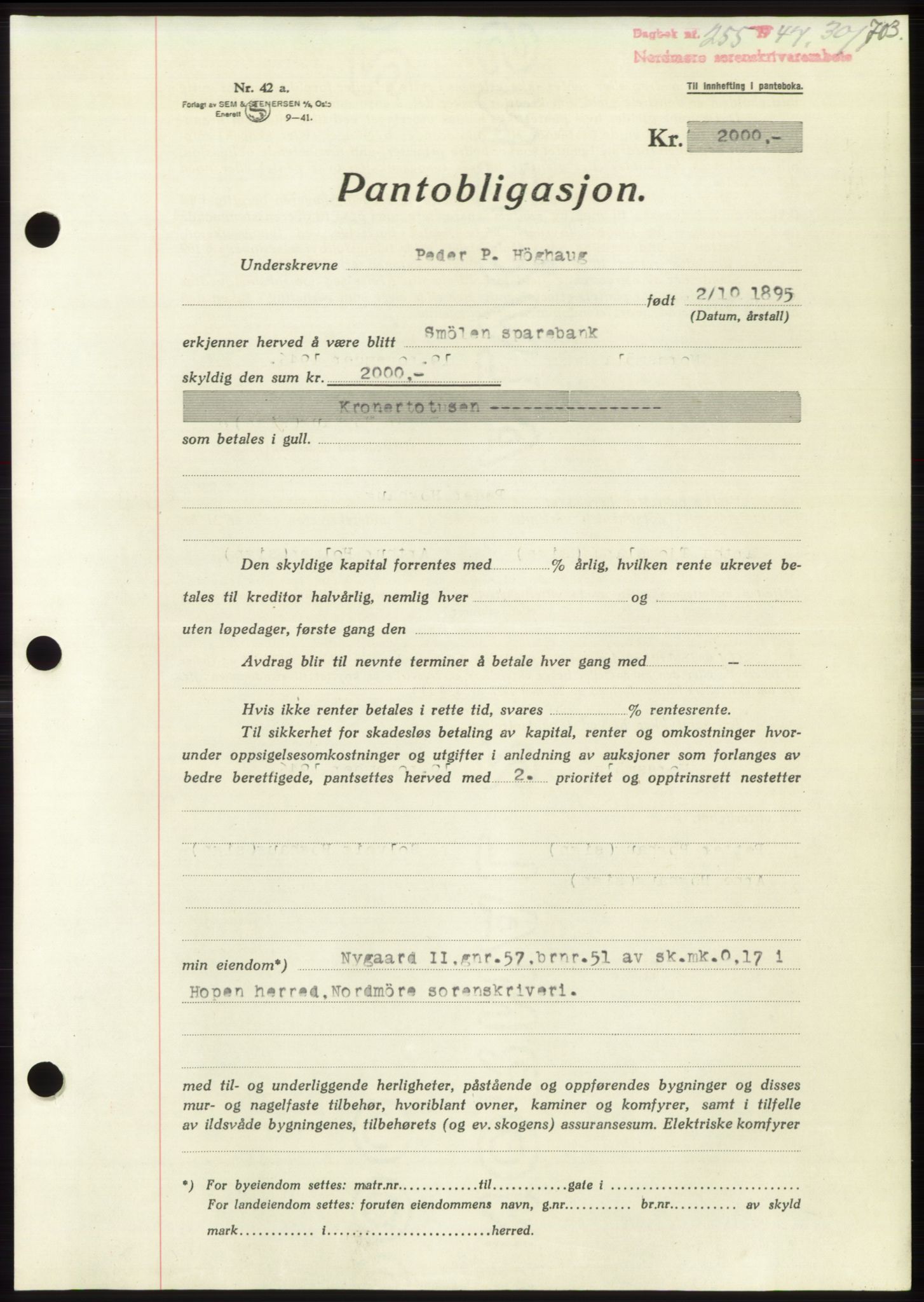 Nordmøre sorenskriveri, AV/SAT-A-4132/1/2/2Ca: Pantebok nr. B95, 1946-1947, Dagboknr: 255/1947