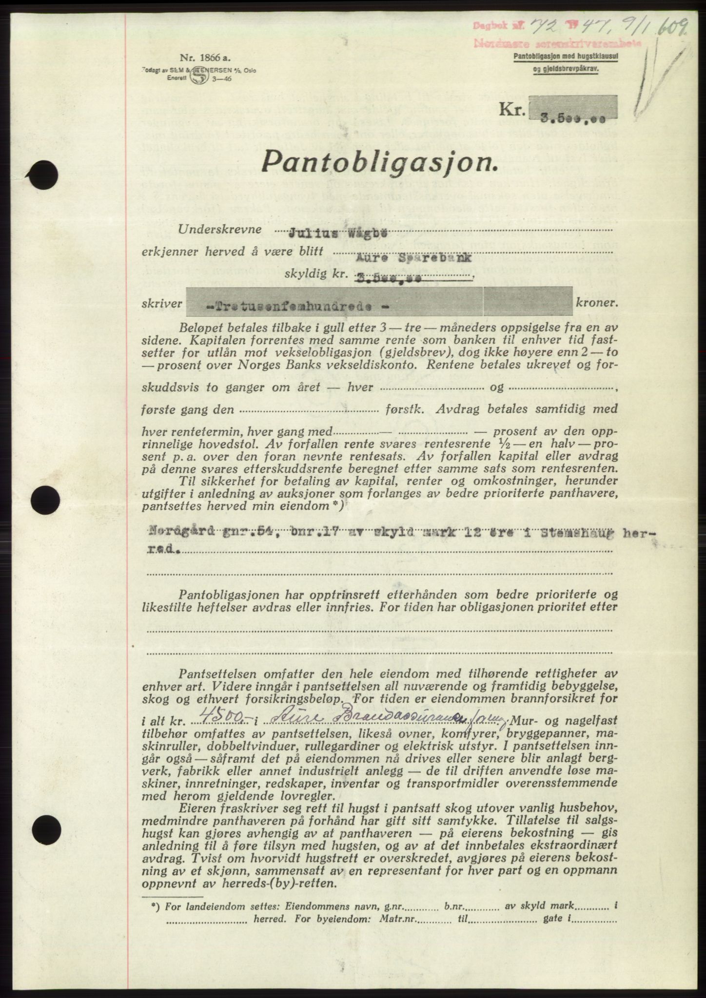 Nordmøre sorenskriveri, SAT/A-4132/1/2/2Ca: Pantebok nr. B95, 1946-1947, Dagboknr: 72/1947