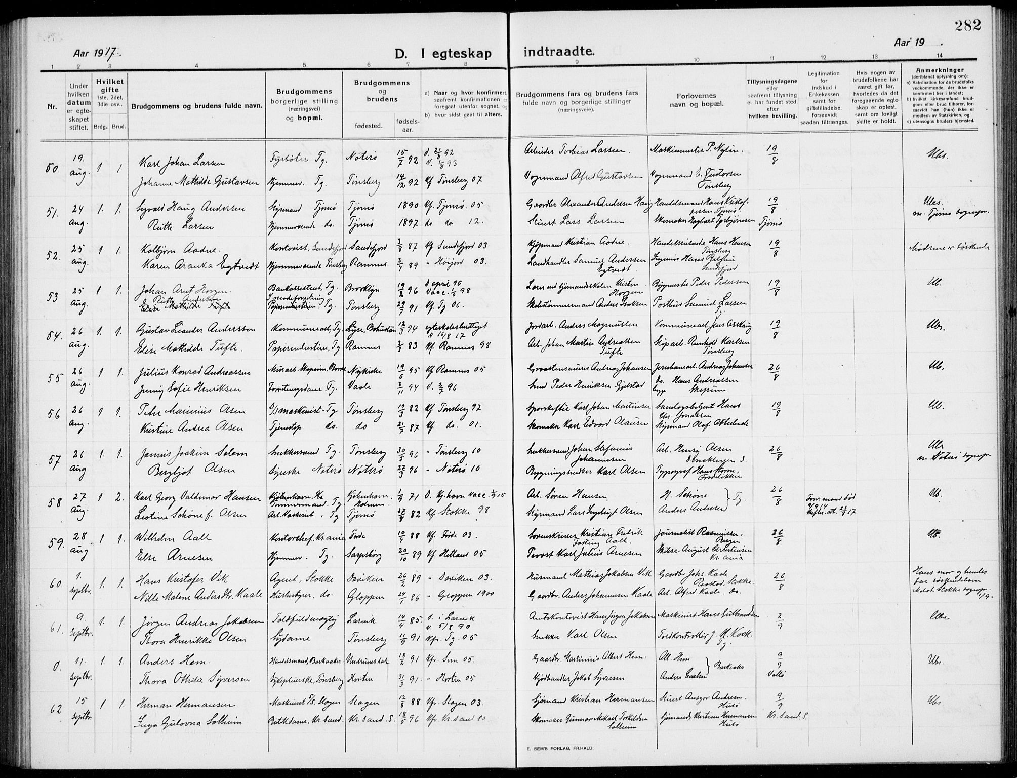Tønsberg kirkebøker, AV/SAKO-A-330/G/Ga/L0009: Klokkerbok nr. 9, 1913-1920, s. 282