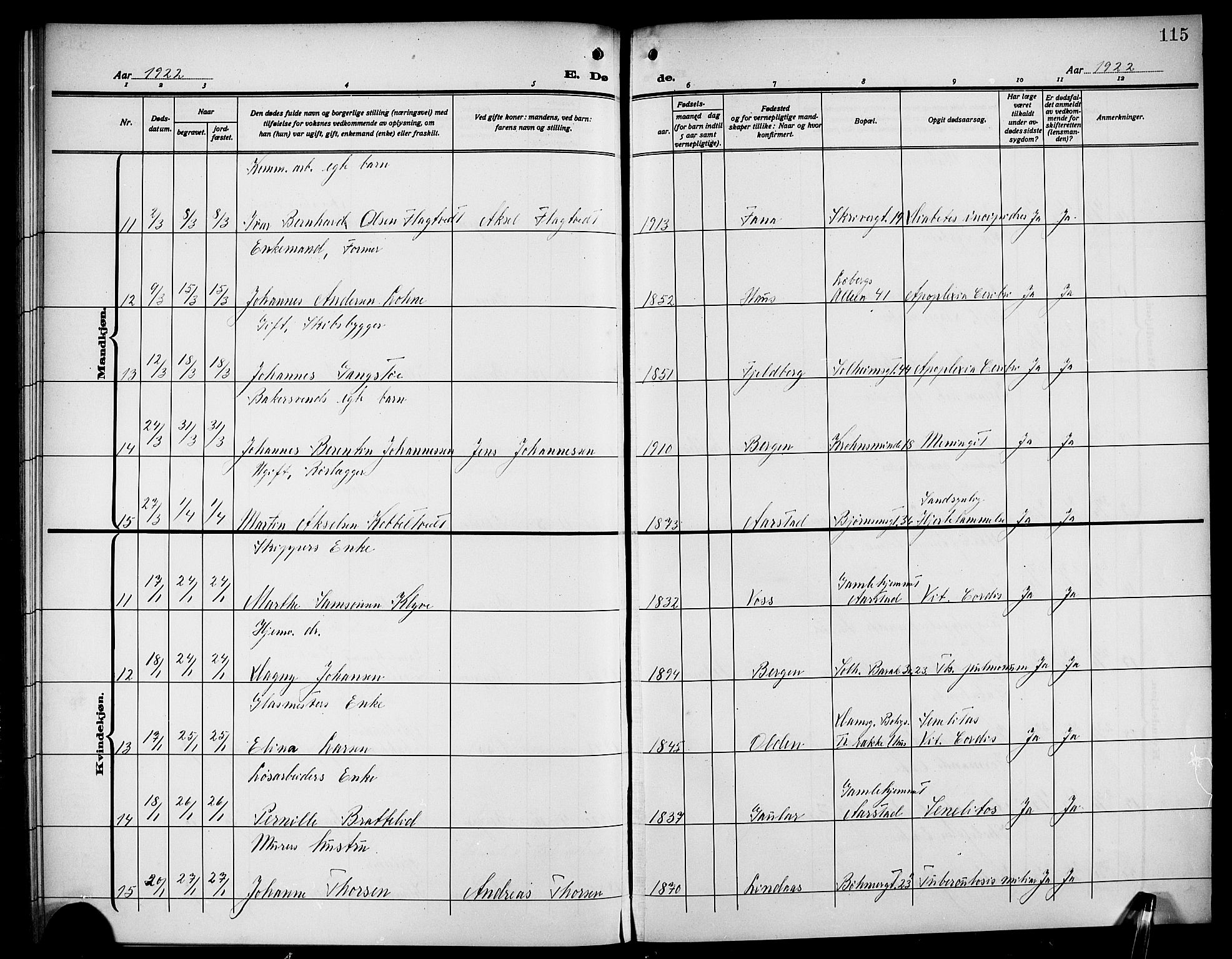 Årstad Sokneprestembete, AV/SAB-A-79301/H/Hab/L0024: Klokkerbok nr. D 1, 1915-1922, s. 115