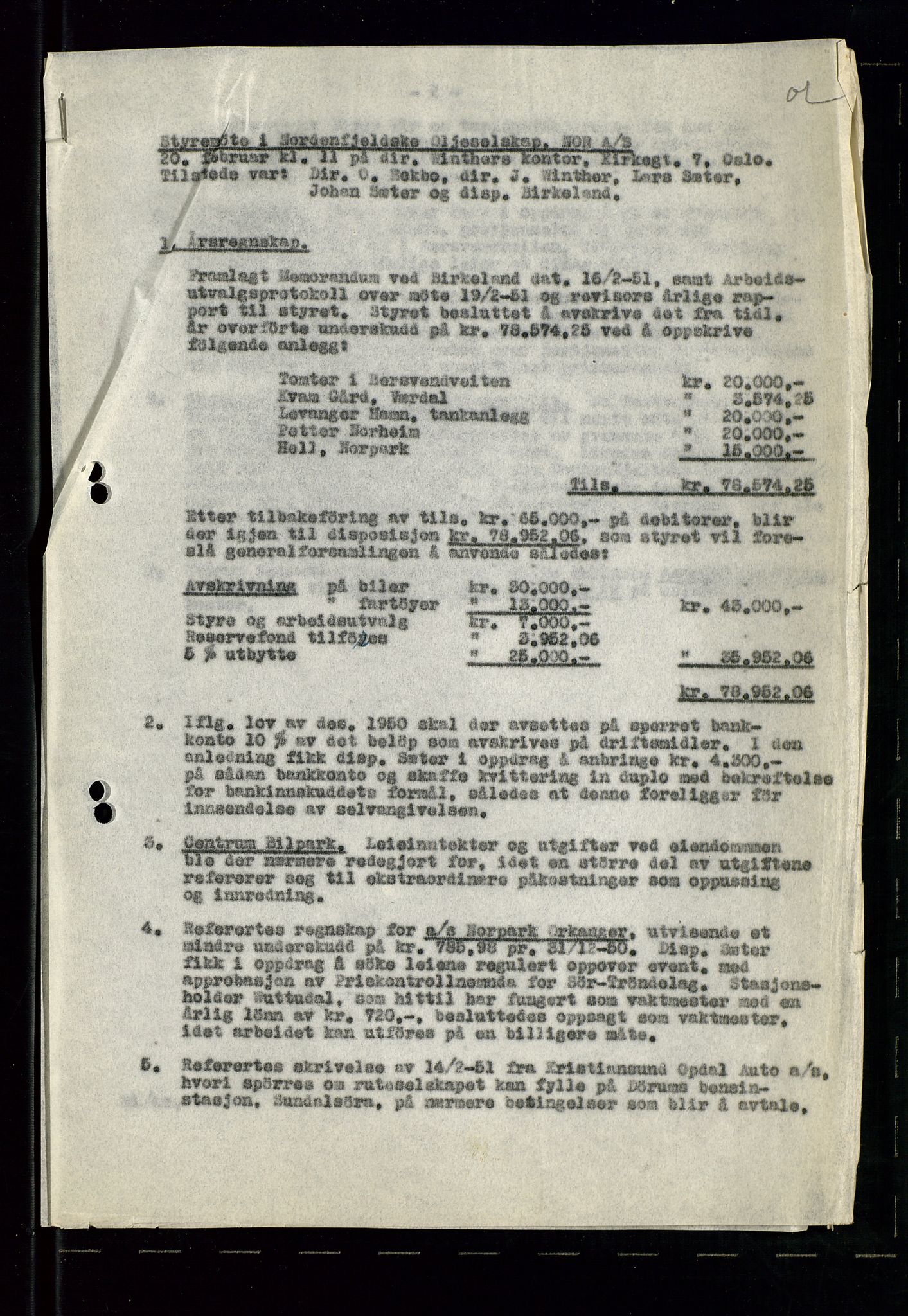 PA 1519 - Nordenfjeldske Oljeselskap, NOR A/S, AV/SAST-A-101924/A/L0001: Styreprotokoll, 1937-1962, s. 91