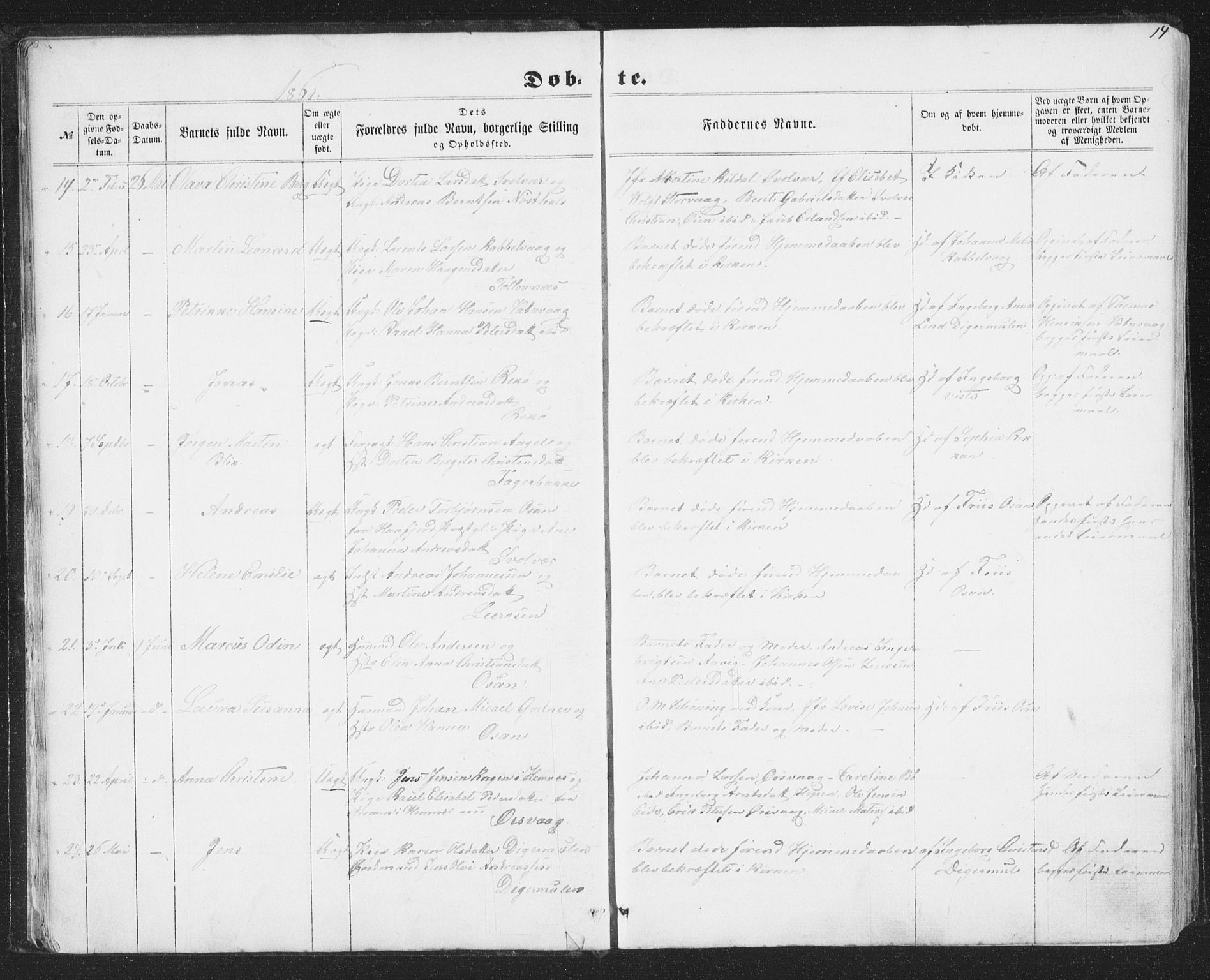 Ministerialprotokoller, klokkerbøker og fødselsregistre - Nordland, SAT/A-1459/874/L1073: Klokkerbok nr. 874C02, 1860-1870, s. 14