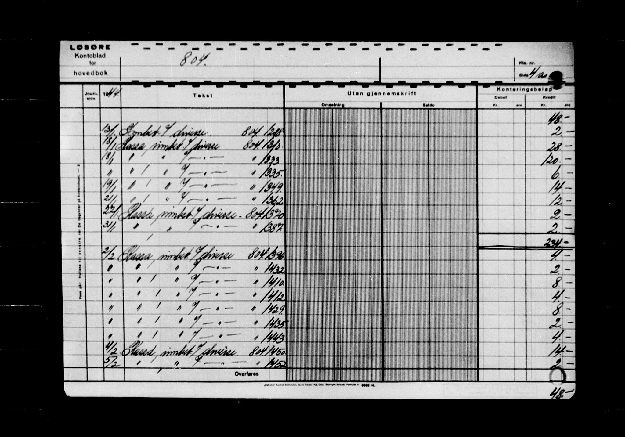 Krigsskadetrygdene for bygninger og løsøre, AV/RA-S-1548/V/L0048/0001: -- / 1. Kontokort. Løsøre. Hovedbok. Løsøre. negativ, 1940-1945