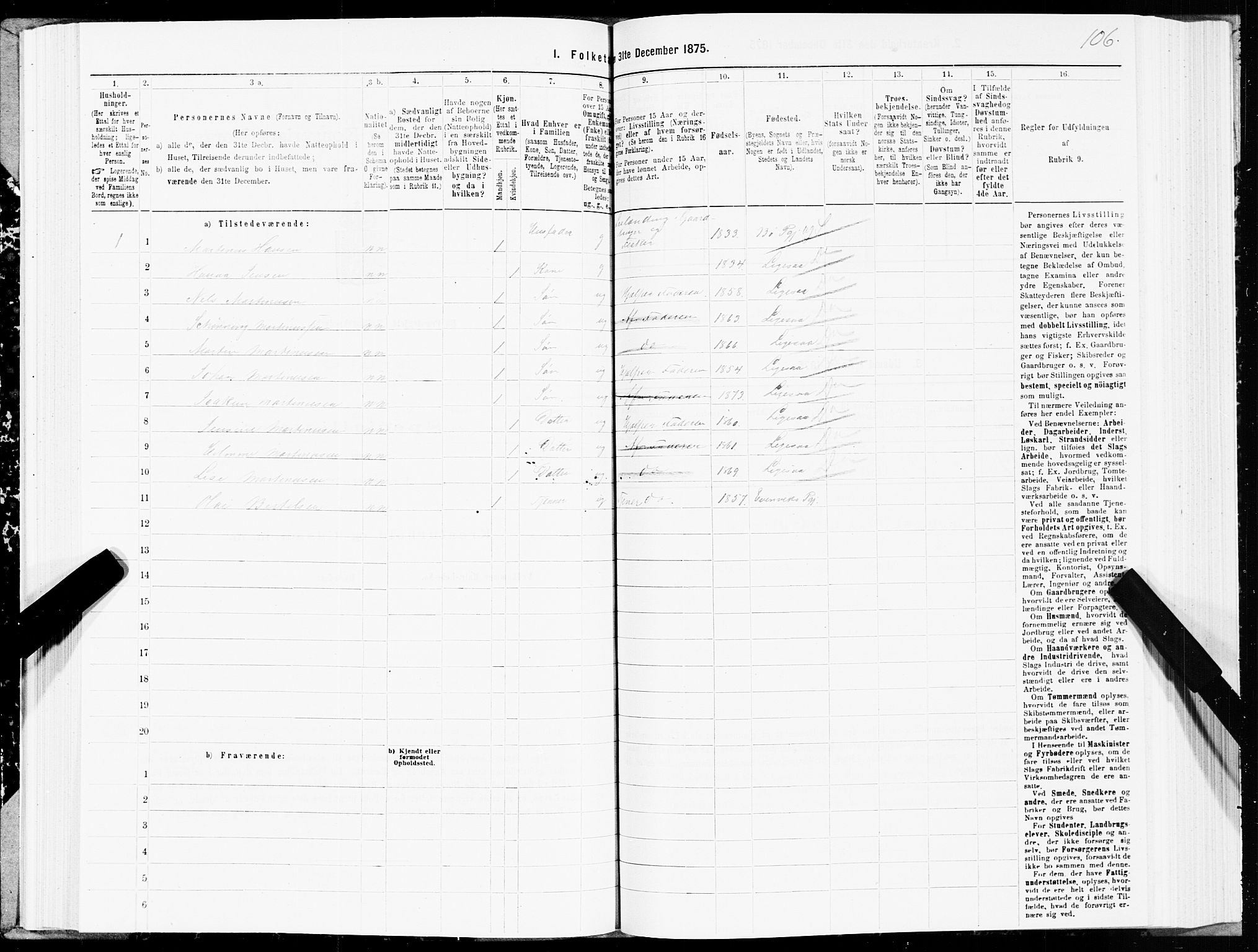 SAT, Folketelling 1875 for 1867P Bø prestegjeld, 1875, s. 1106