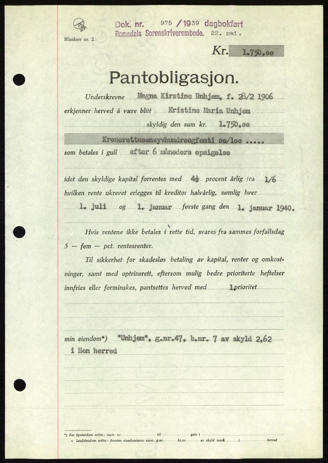 Romsdal sorenskriveri, SAT/A-4149/1/2/2C: Pantebok nr. B1, 1936-1939, Dagboknr: 975/1939