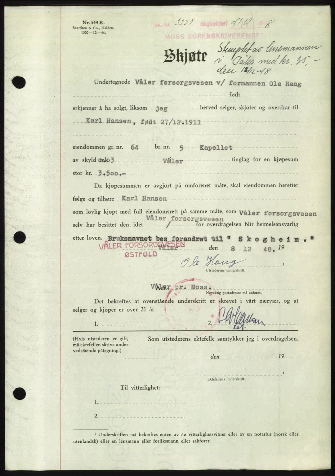 Moss sorenskriveri, SAO/A-10168: Pantebok nr. A20, 1948-1948, Dagboknr: 3307/1948