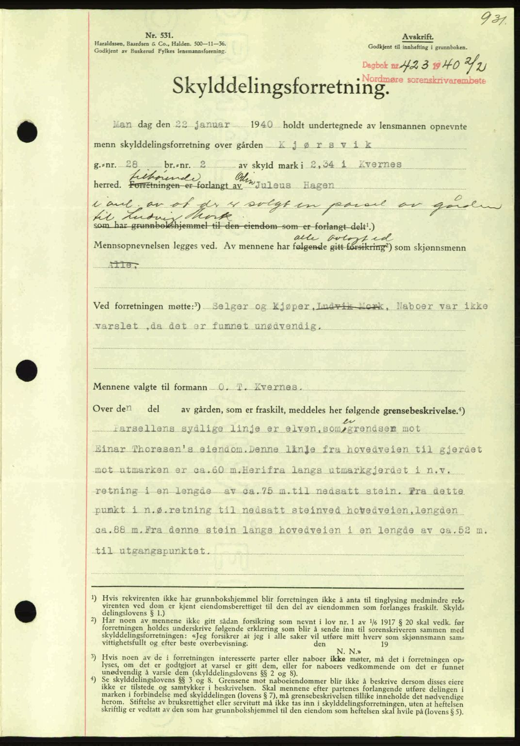 Nordmøre sorenskriveri, SAT/A-4132/1/2/2Ca: Pantebok nr. A87, 1939-1940, Dagboknr: 423/1940