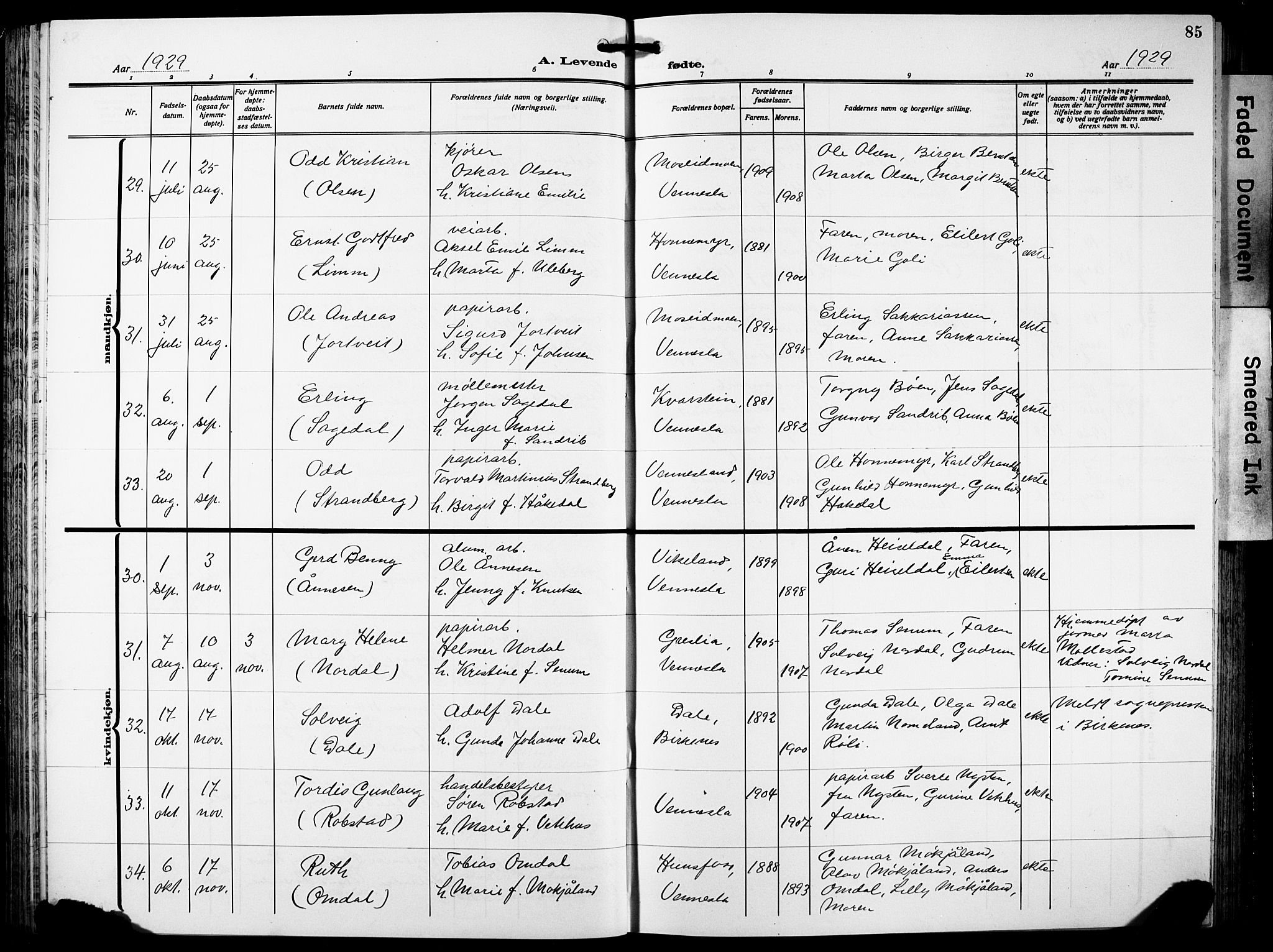 Vennesla sokneprestkontor, AV/SAK-1111-0045/Fb/Fbb/L0007: Klokkerbok nr. B 7, 1922-1933, s. 85