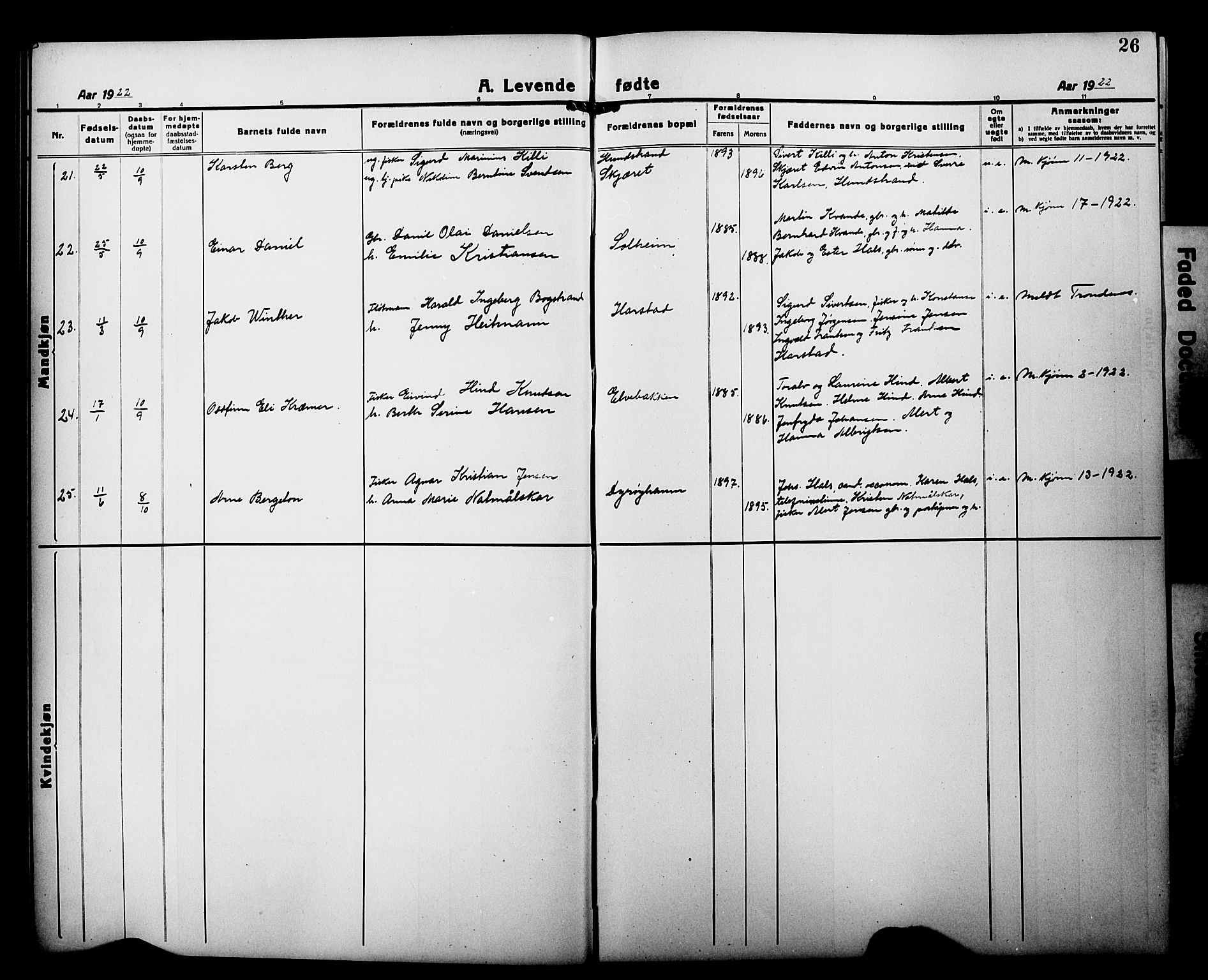 Tranøy sokneprestkontor, AV/SATØ-S-1313/I/Ia/Iab/L0015klokker: Klokkerbok nr. 15, 1918-1930, s. 26